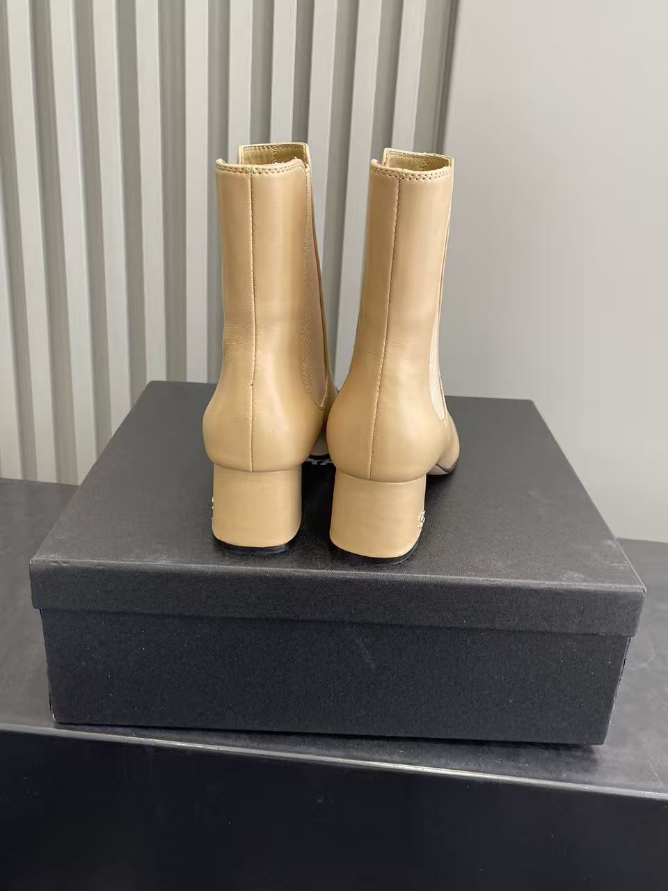 Luxury Beige Leather Ankle Boots with Black Cap Toe