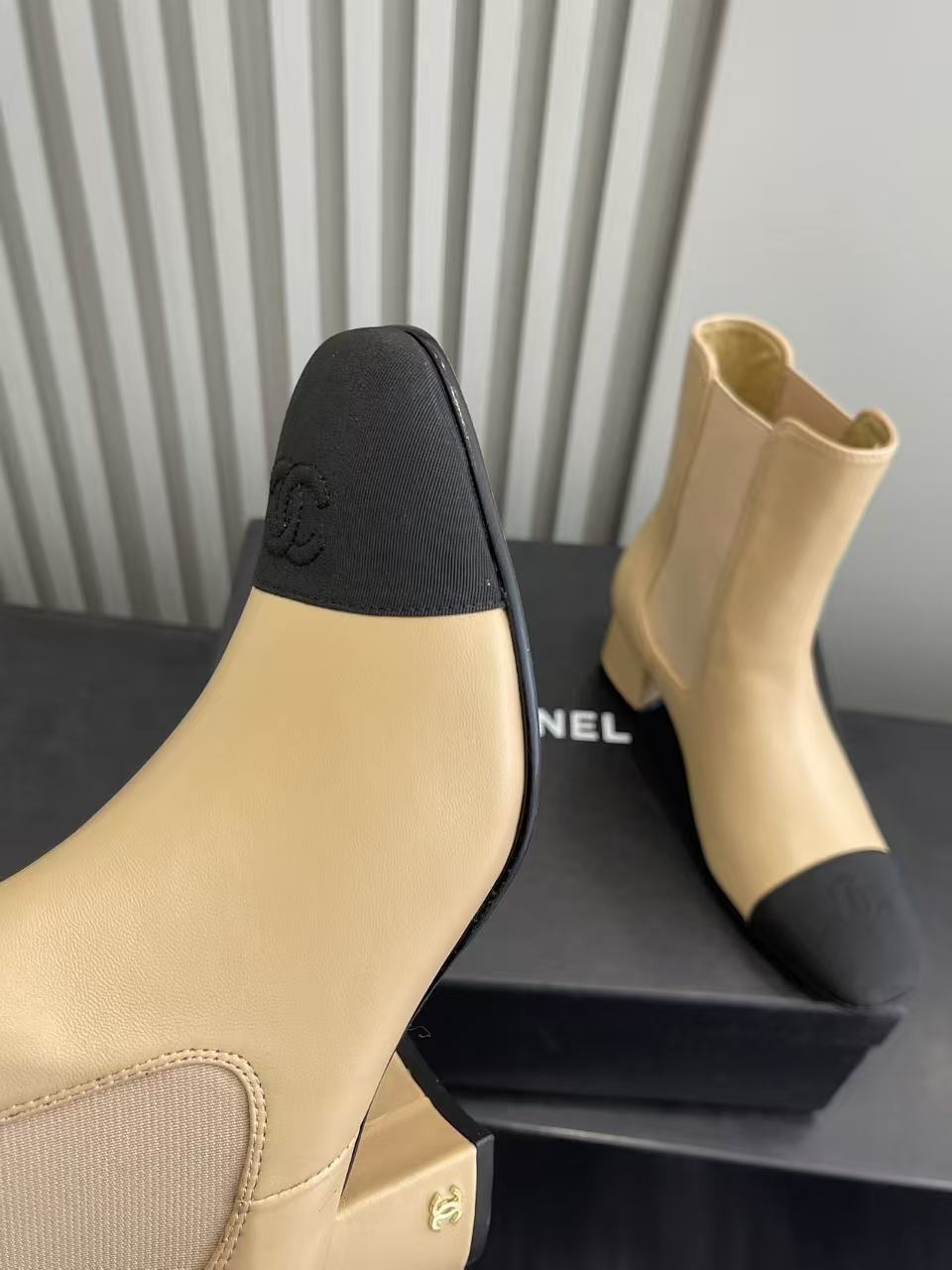 Luxury Beige Leather Ankle Boots with Black Cap Toe