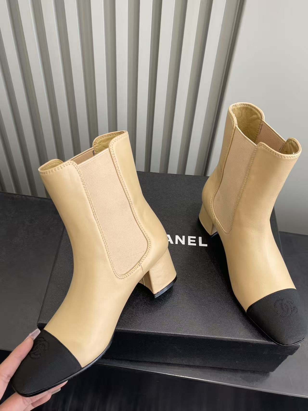 Luxury Beige Leather Ankle Boots with Black Cap Toe