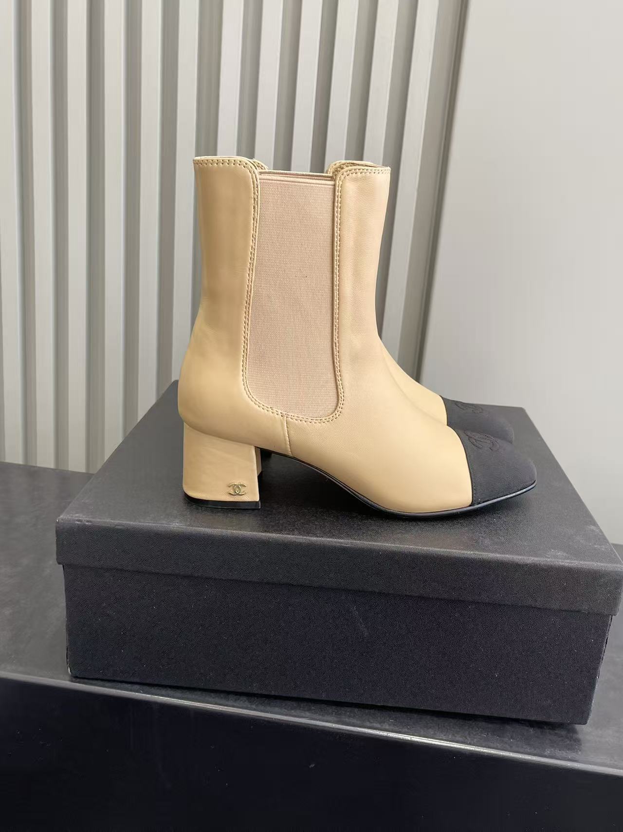Luxury Beige Leather Ankle Boots with Black Cap Toe