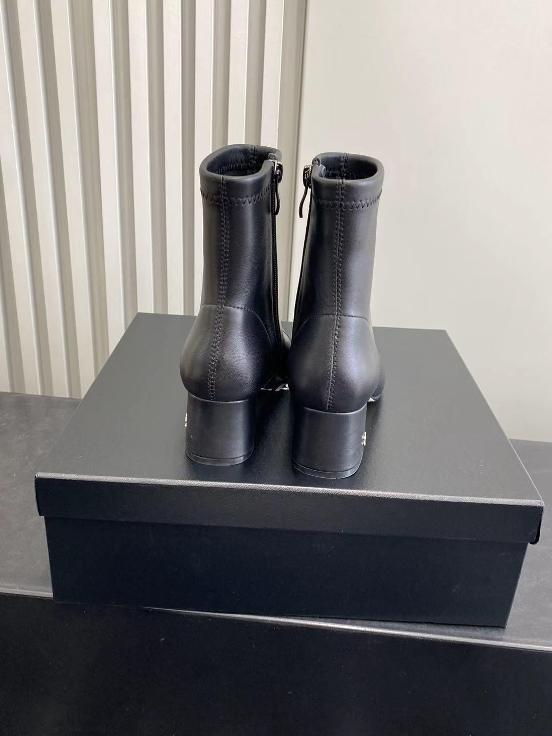 Chanel Black Leather Ankle Boots - Elegant Block Heel CC Logo