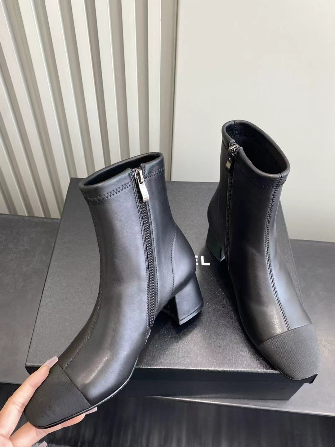 Chanel Black Leather Ankle Boots - Elegant Block Heel CC Logo