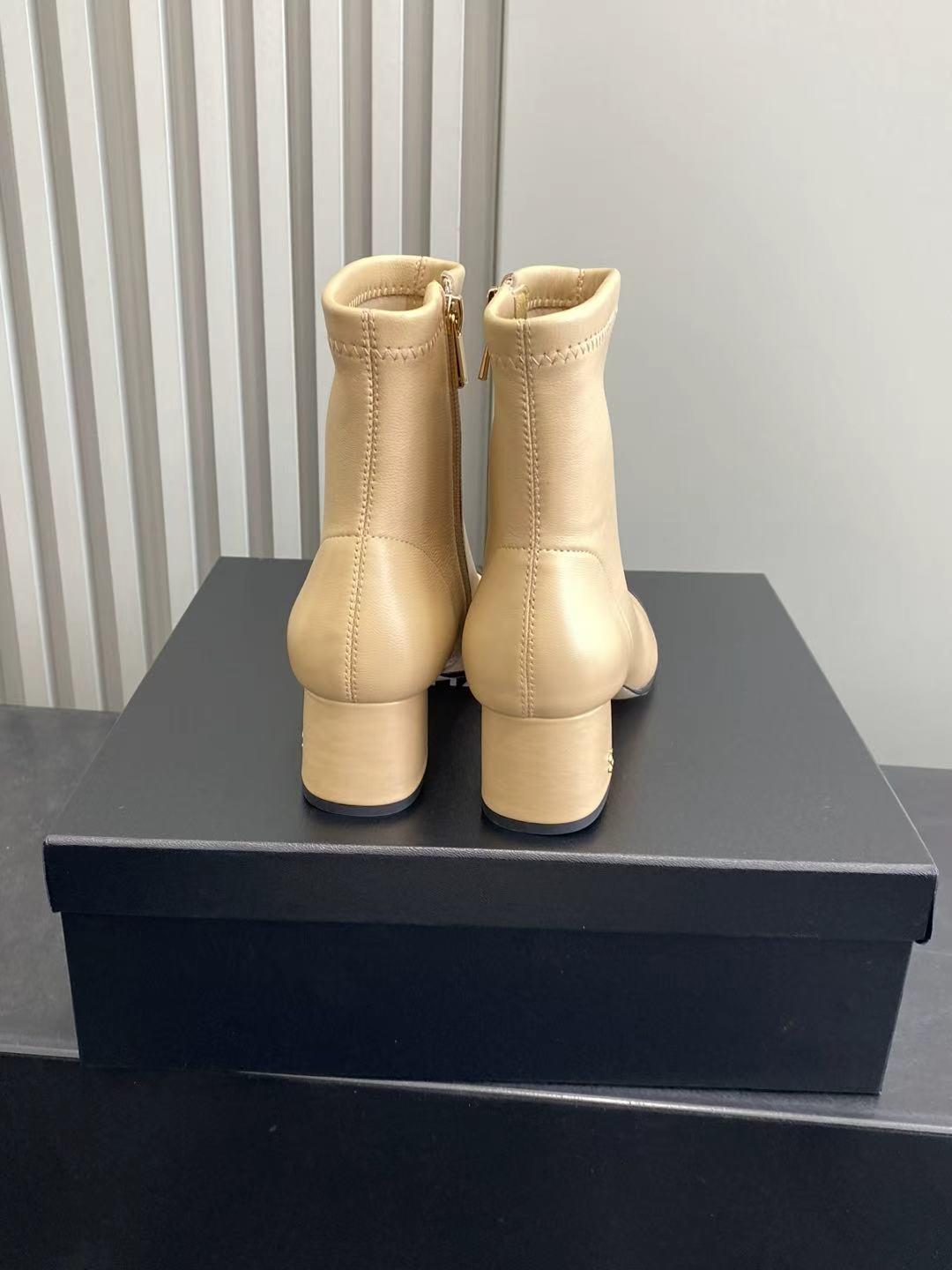 Elegant Two-Tone Beige and Black Block Heel Ankle Boots for Women