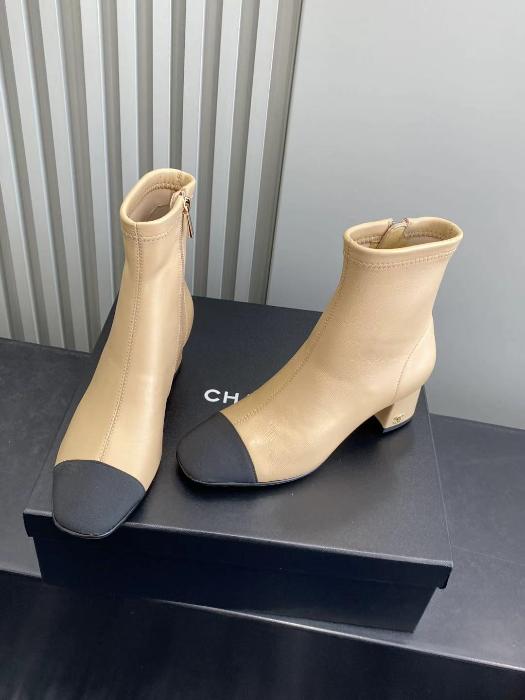 Elegant Two-Tone Beige and Black Block Heel Ankle Boots for Women