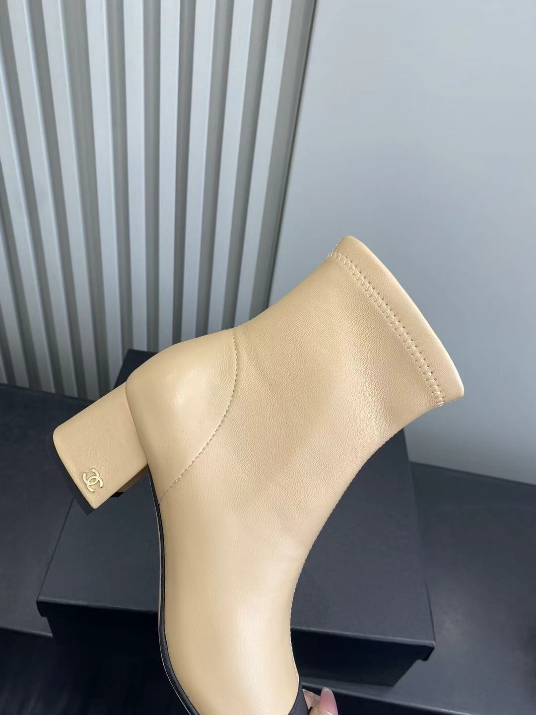 Elegant Two-Tone Beige and Black Block Heel Ankle Boots for Women