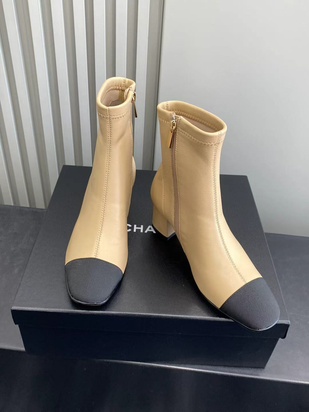 Elegant Two-Tone Beige and Black Block Heel Ankle Boots for Women