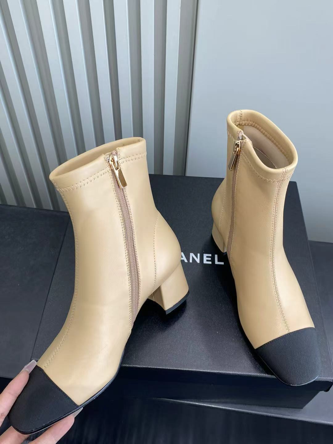 Elegant Two-Tone Beige and Black Block Heel Ankle Boots for Women