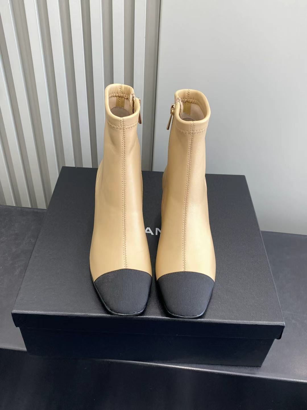 Elegant Two-Tone Beige and Black Block Heel Ankle Boots for Women