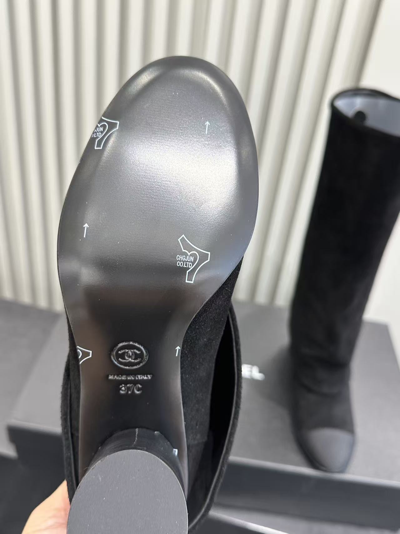 Elegant Black Suede Knee-High Boots with Pearl CC Logo Accent