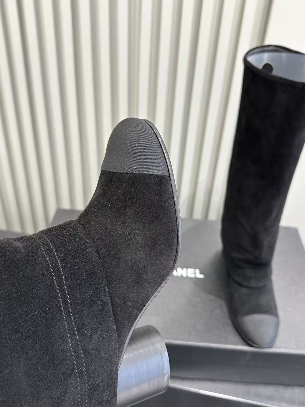 Elegant Black Suede Knee-High Boots with Pearl CC Logo Accent