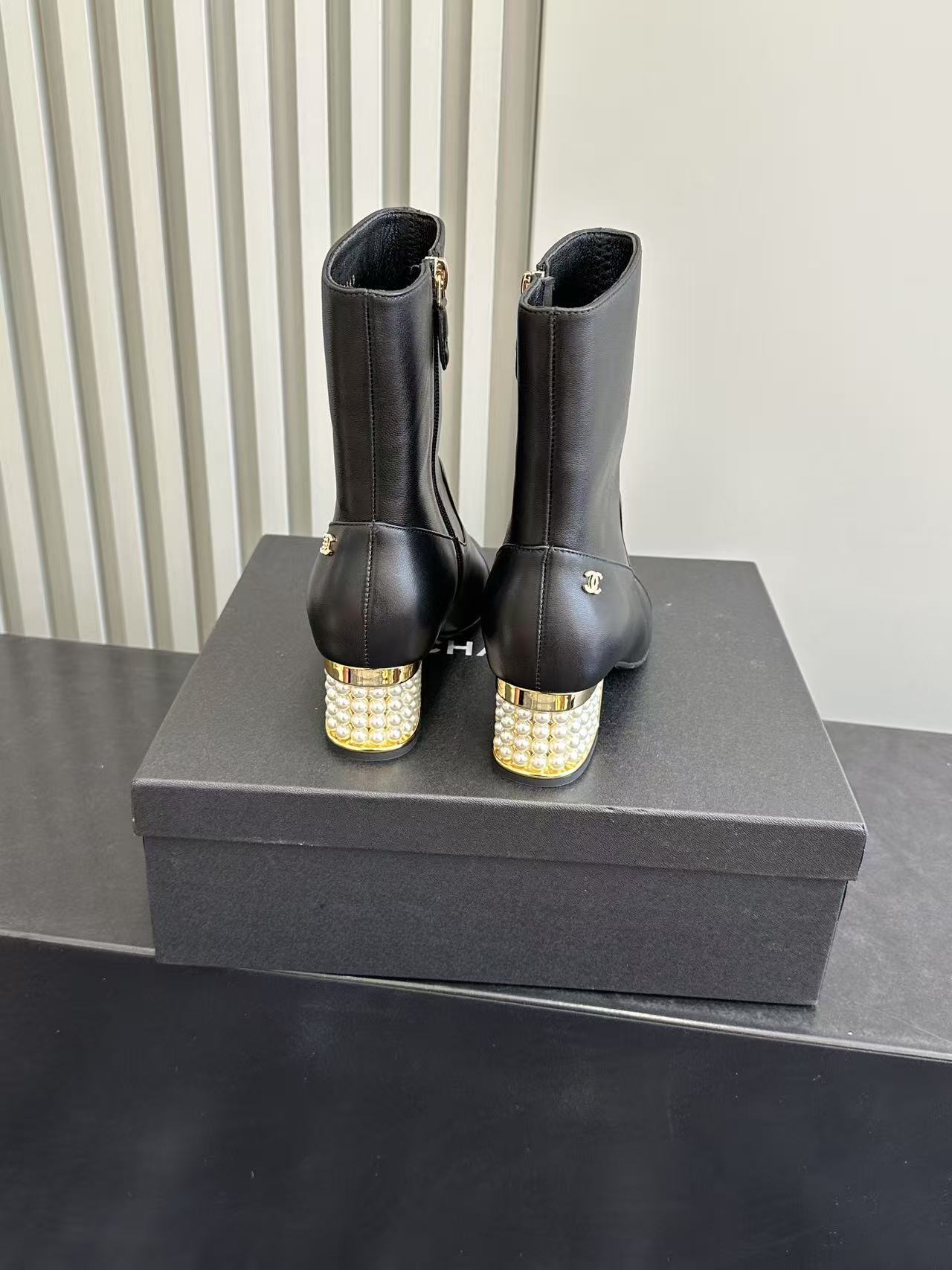 Chanel Black Leather Pearl Heel Ankle Boots - Luxury Designer Shoes