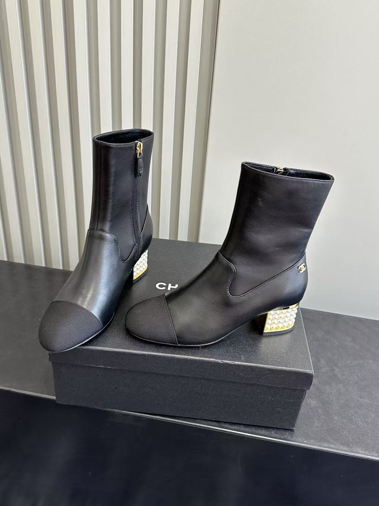 Chanel Black Leather Pearl Heel Ankle Boots - Luxury Designer Shoes