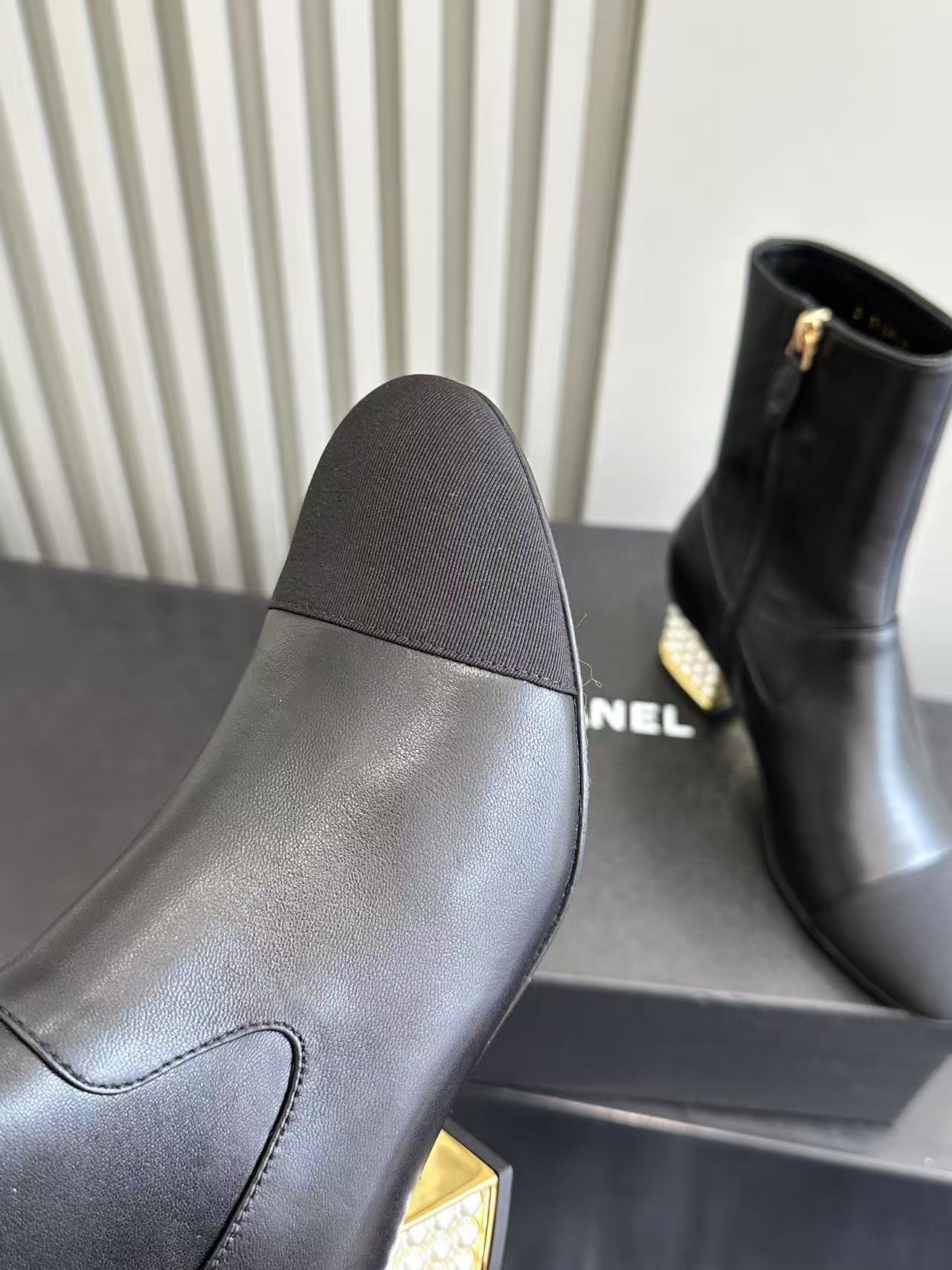 Chanel Black Leather Pearl Heel Ankle Boots - Luxury Designer Shoes