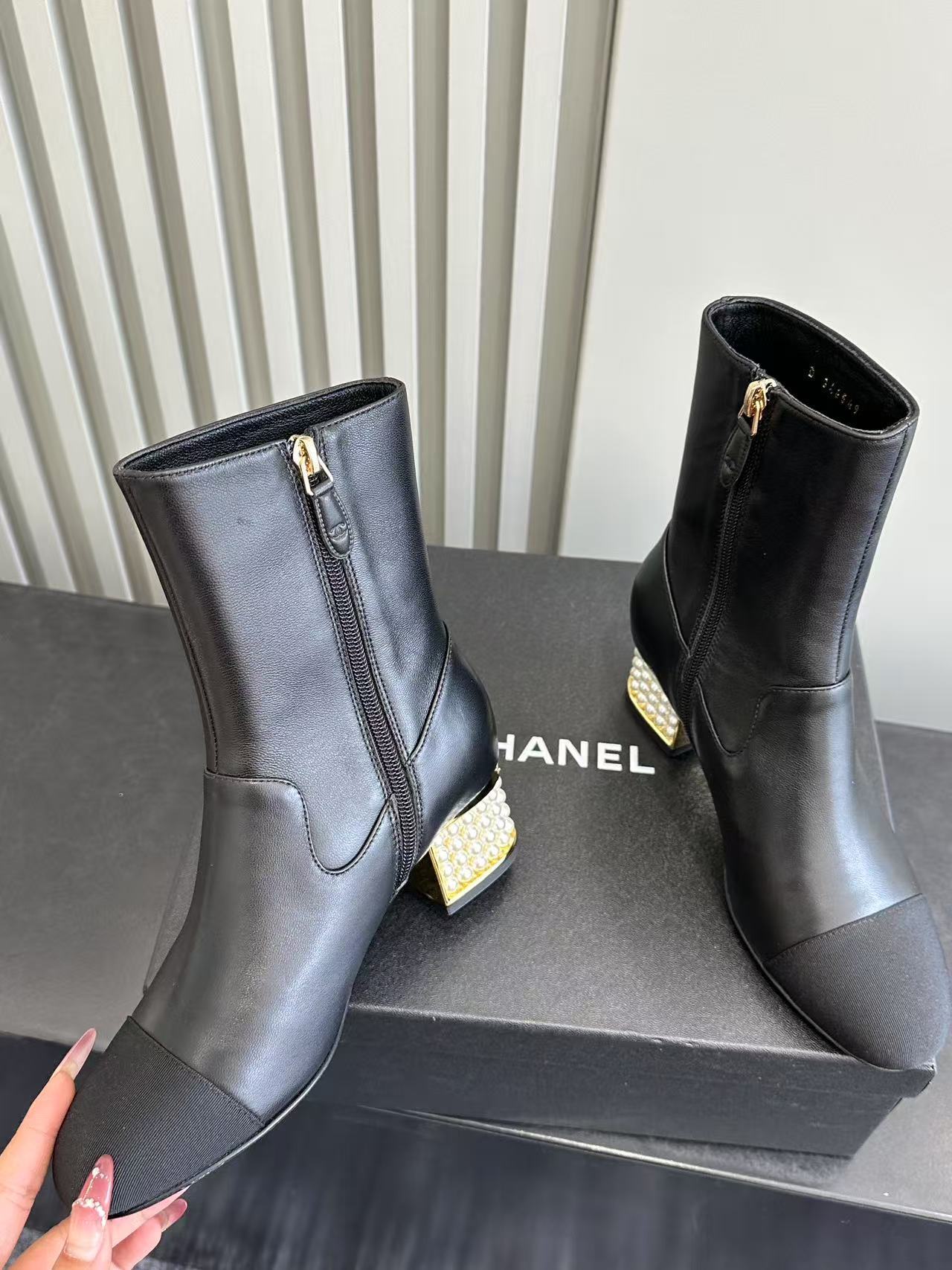Chanel Black Leather Pearl Heel Ankle Boots - Luxury Designer Shoes