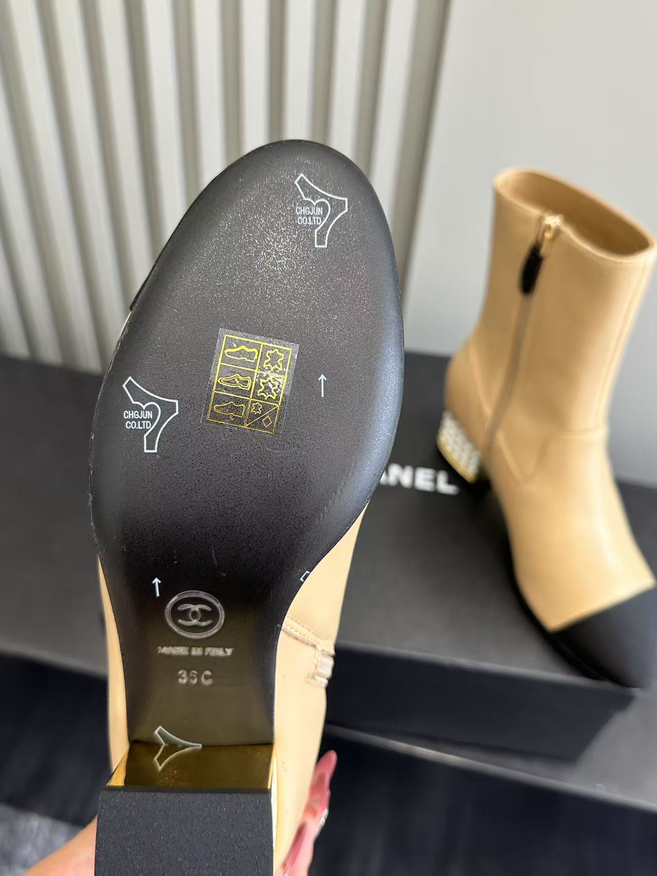 Luxury Two-Tone Beige Leather Ankle Boots with Pearl Block Heel