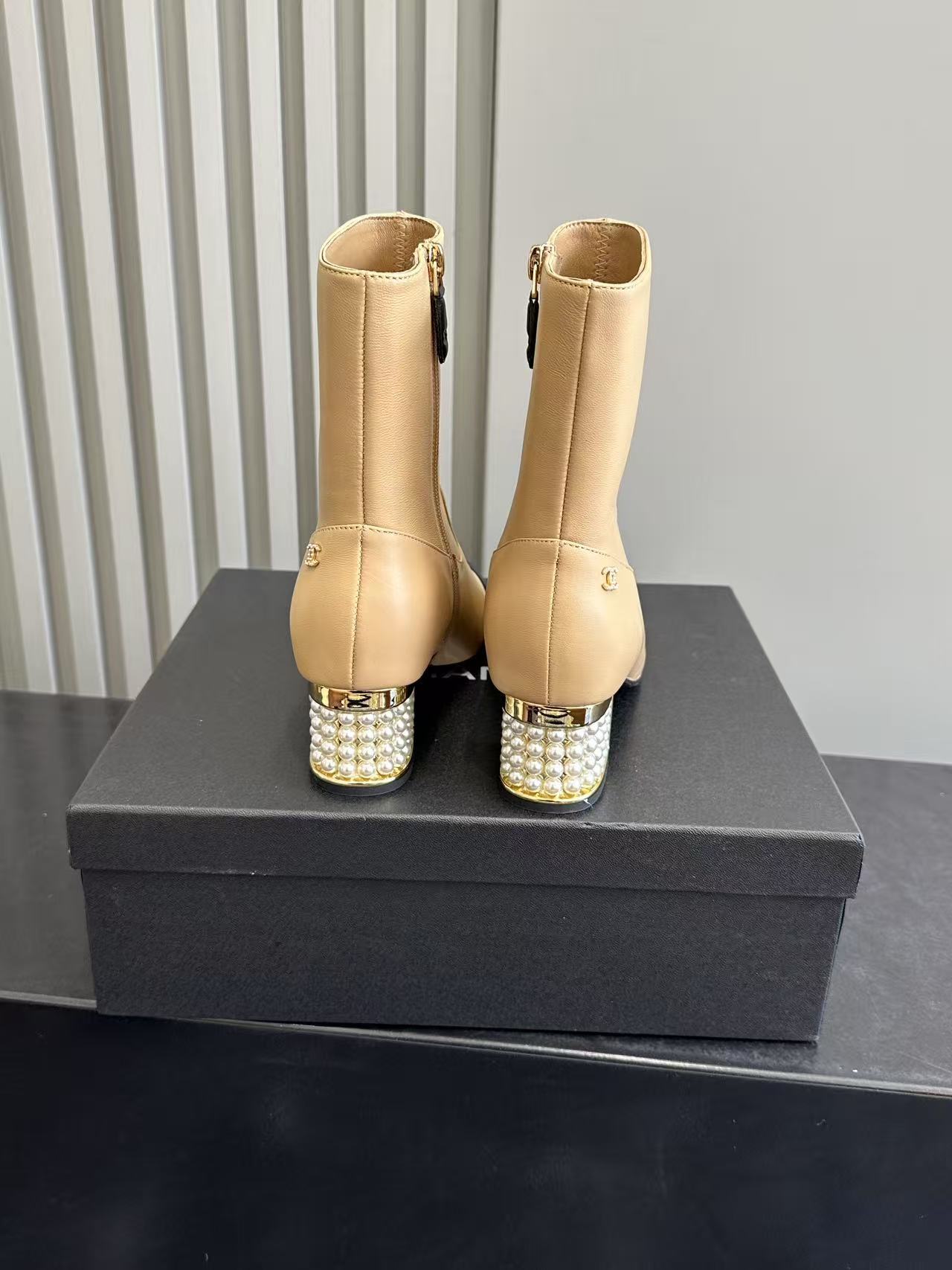 Luxury Two-Tone Beige Leather Ankle Boots with Pearl Block Heel