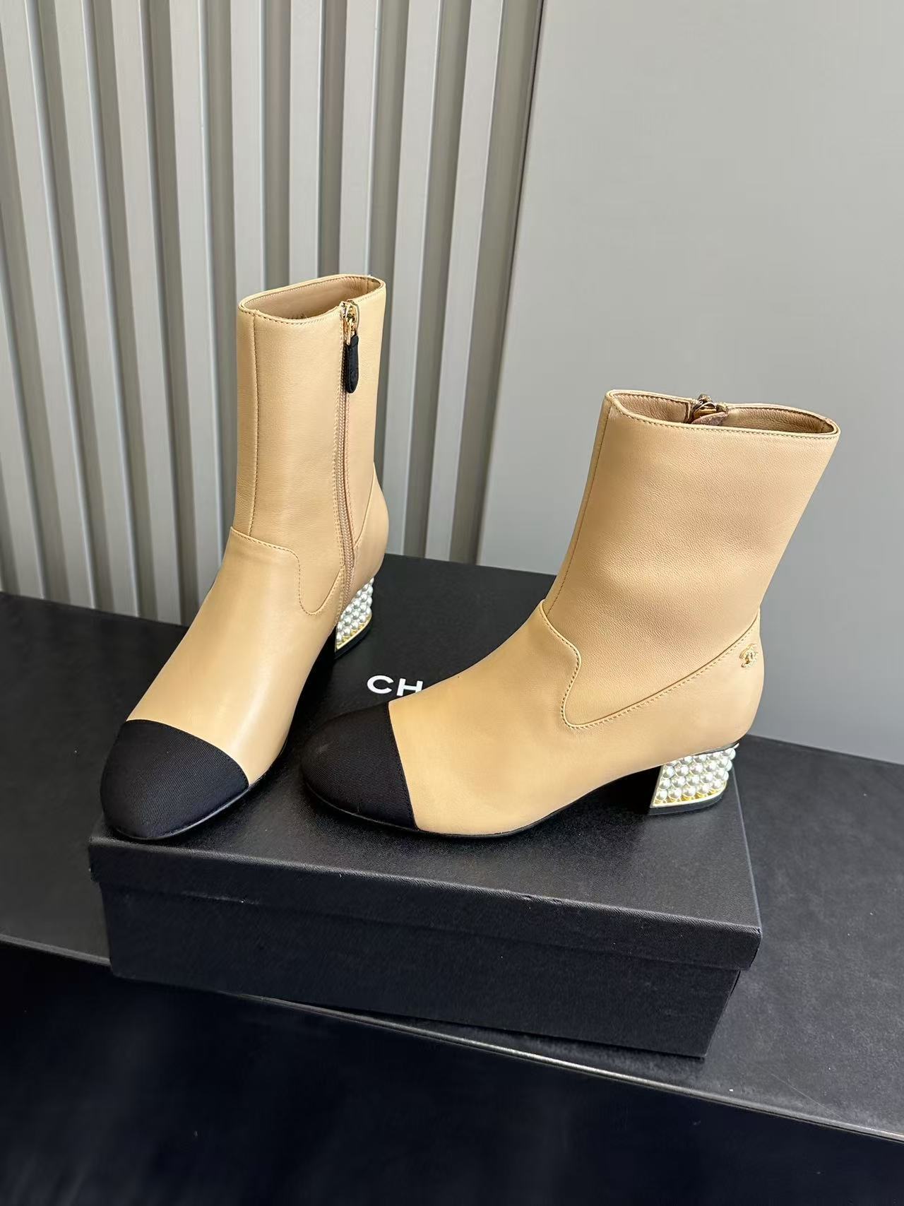 Luxury Two-Tone Beige Leather Ankle Boots with Pearl Block Heel
