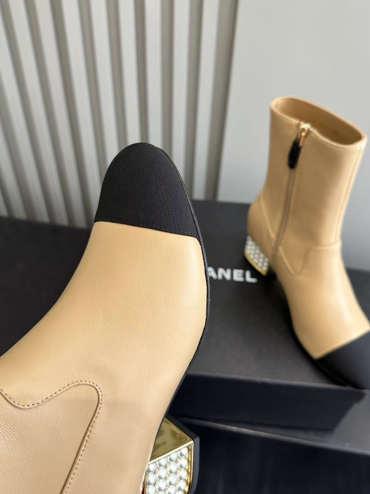 Luxury Two-Tone Beige Leather Ankle Boots with Pearl Block Heel