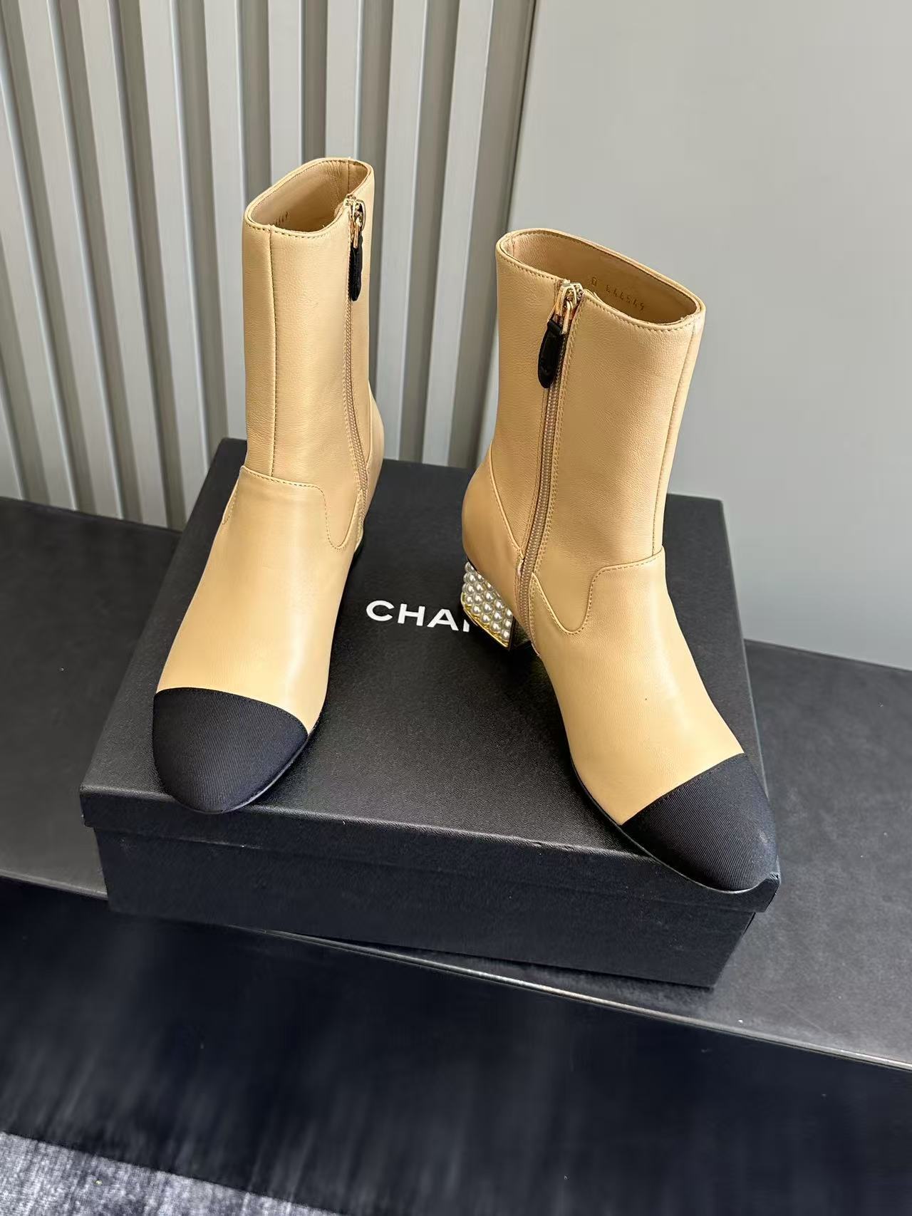 Luxury Two-Tone Beige Leather Ankle Boots with Pearl Block Heel