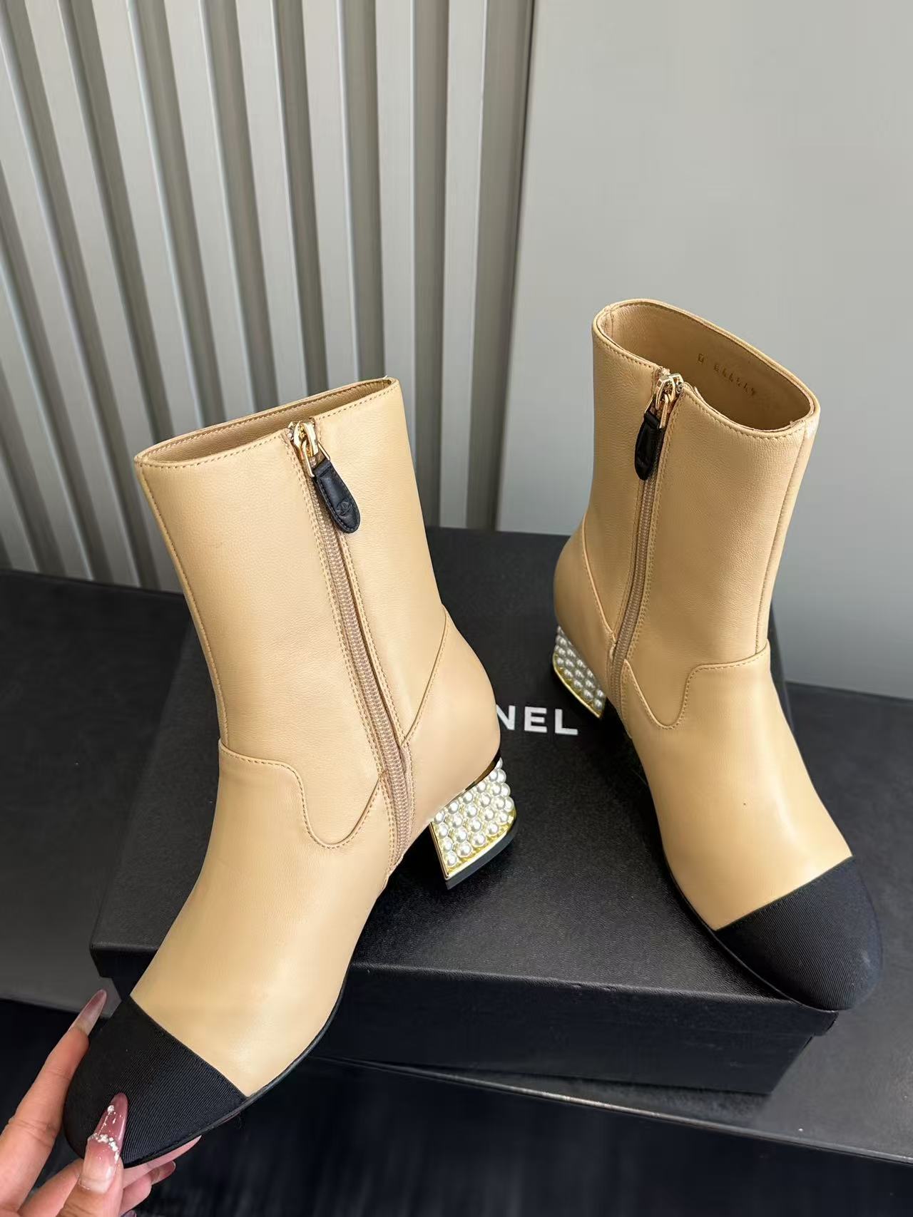 Luxury Two-Tone Beige Leather Ankle Boots with Pearl Block Heel