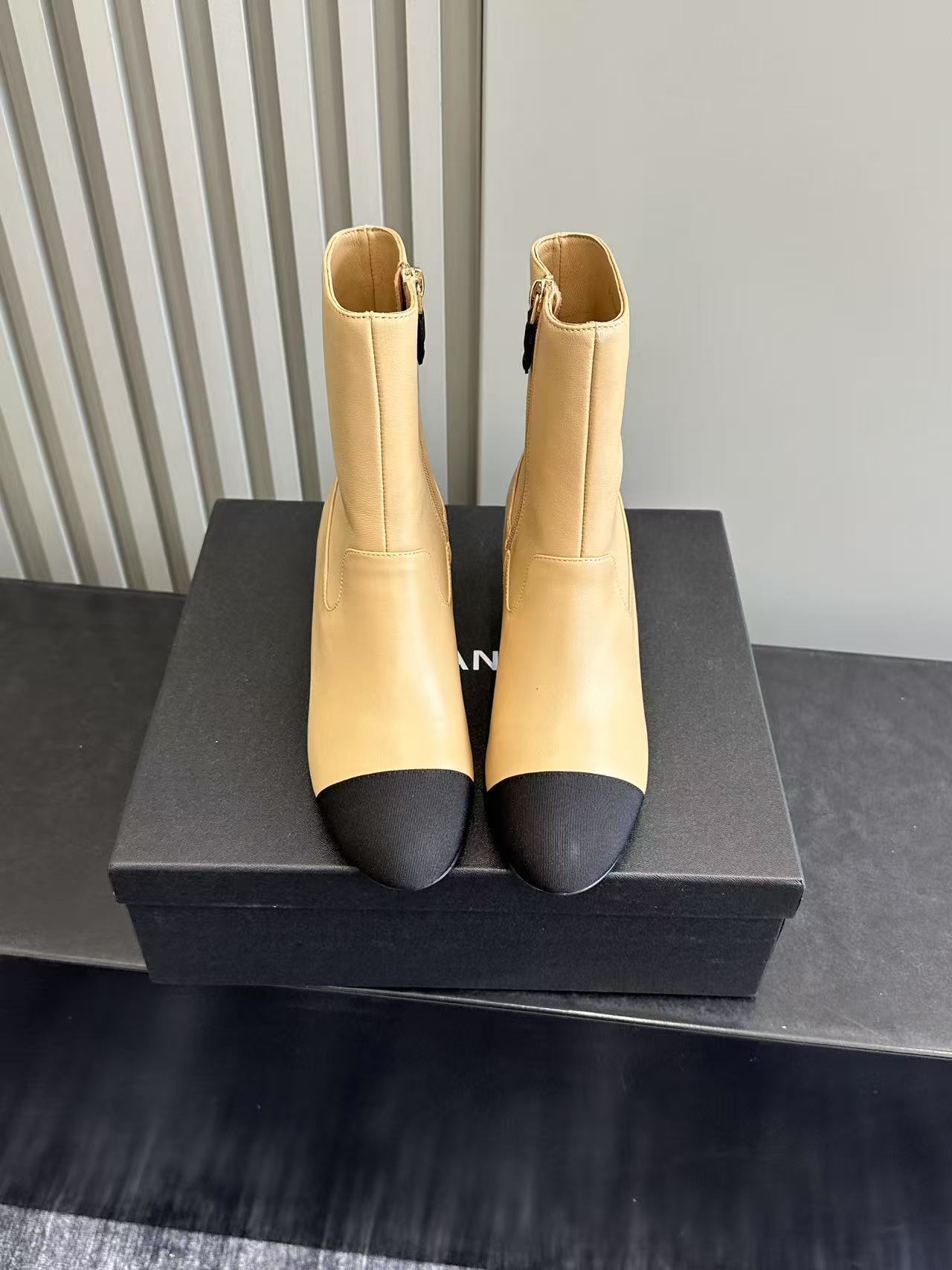 Luxury Two-Tone Beige Leather Ankle Boots with Pearl Block Heel