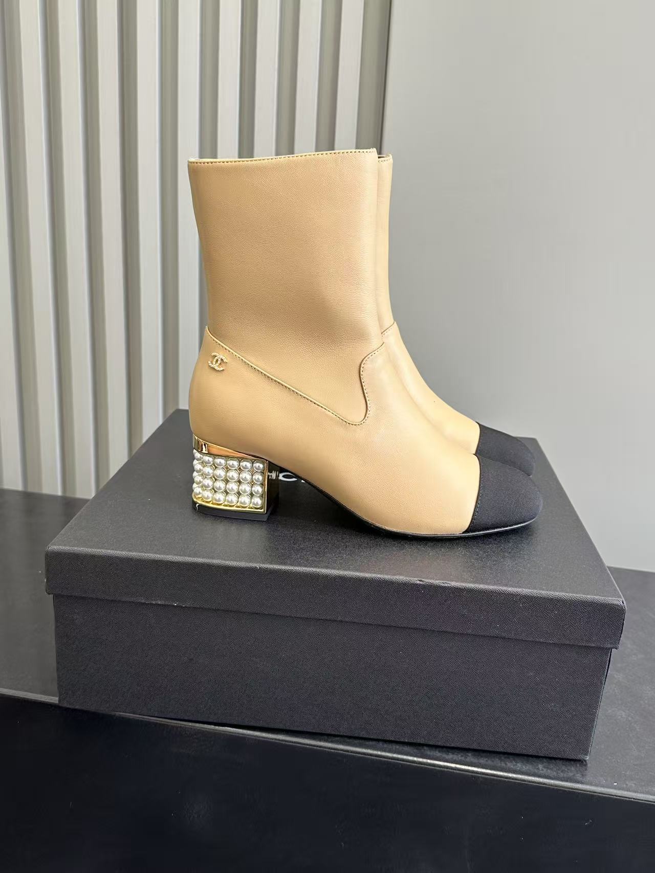 Luxury Two-Tone Beige Leather Ankle Boots with Pearl Block Heel