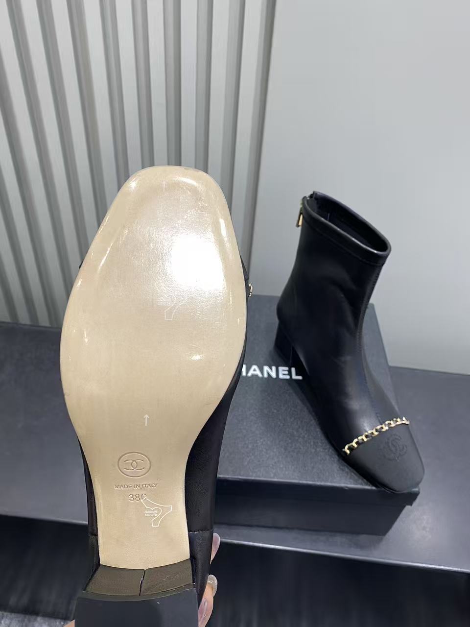 Chanel Black Leather Ankle Boots with Gold Chain and Block Heel