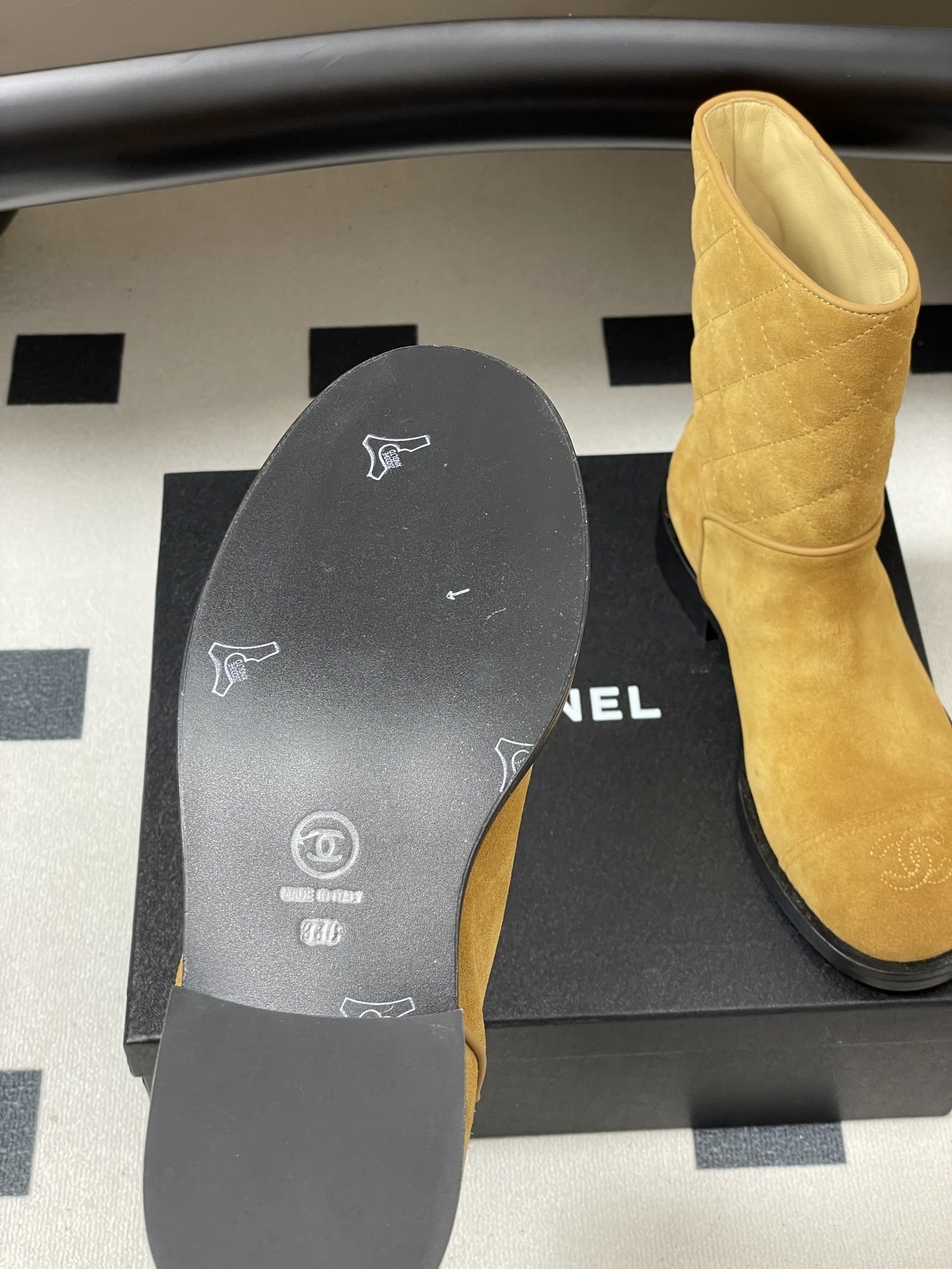 Luxury Tan Quilted Suede Mid-Calf Boots with CC Logo Detail