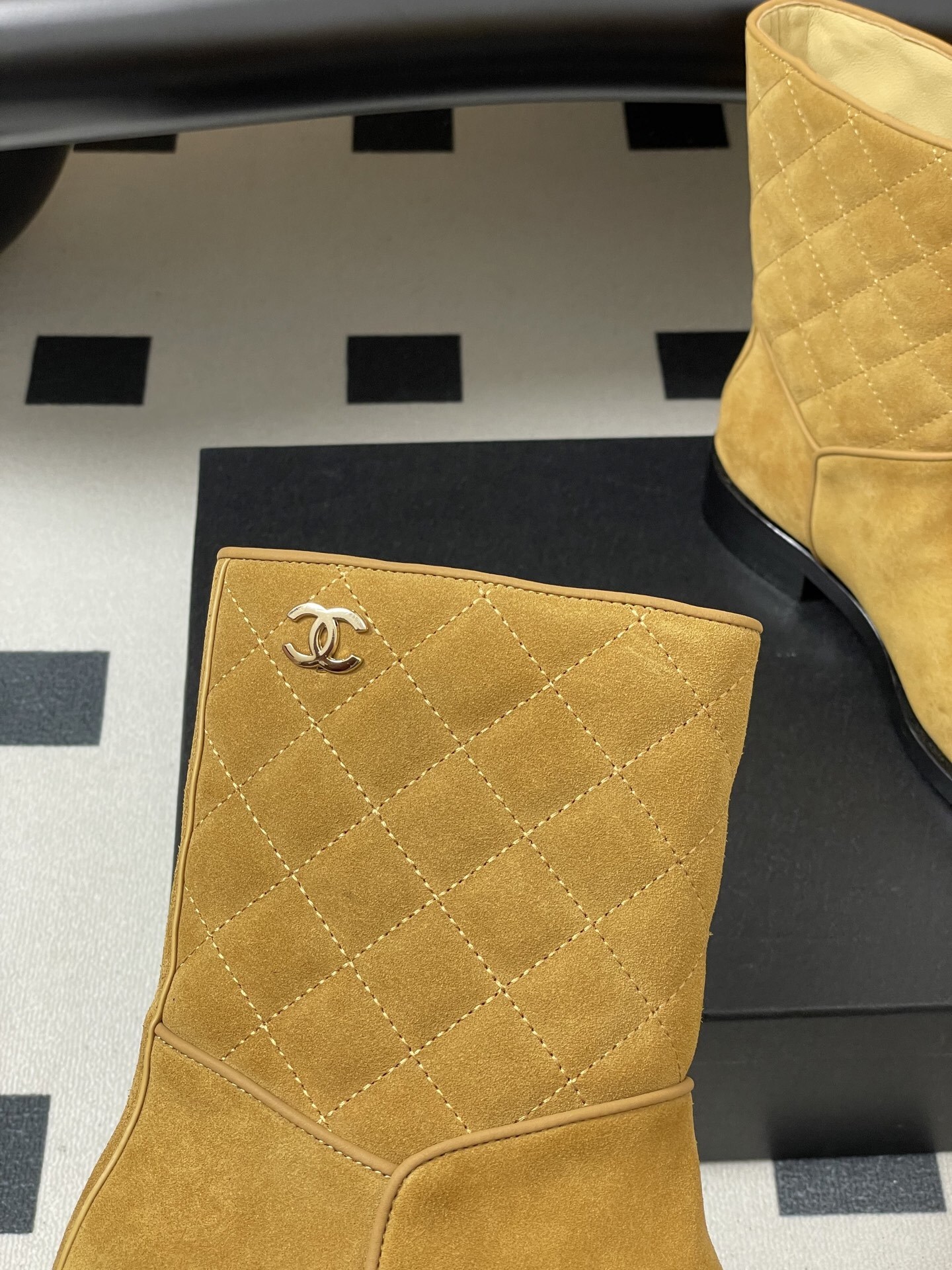 Luxury Tan Quilted Suede Mid-Calf Boots with CC Logo Detail