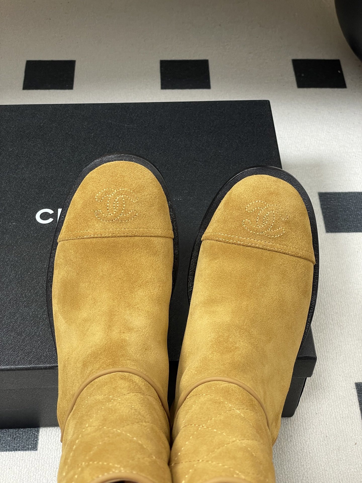 Luxury Tan Quilted Suede Mid-Calf Boots with CC Logo Detail