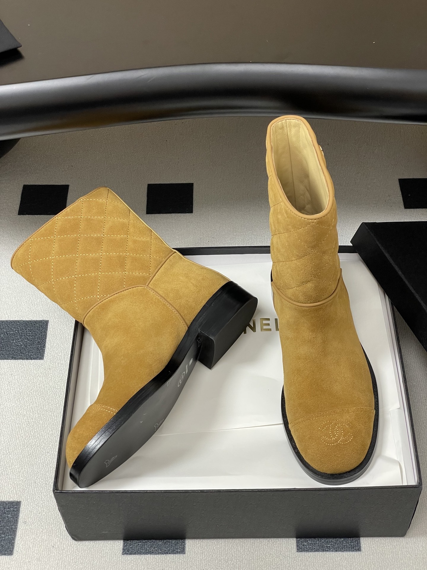 Luxury Tan Quilted Suede Mid-Calf Boots with CC Logo Detail