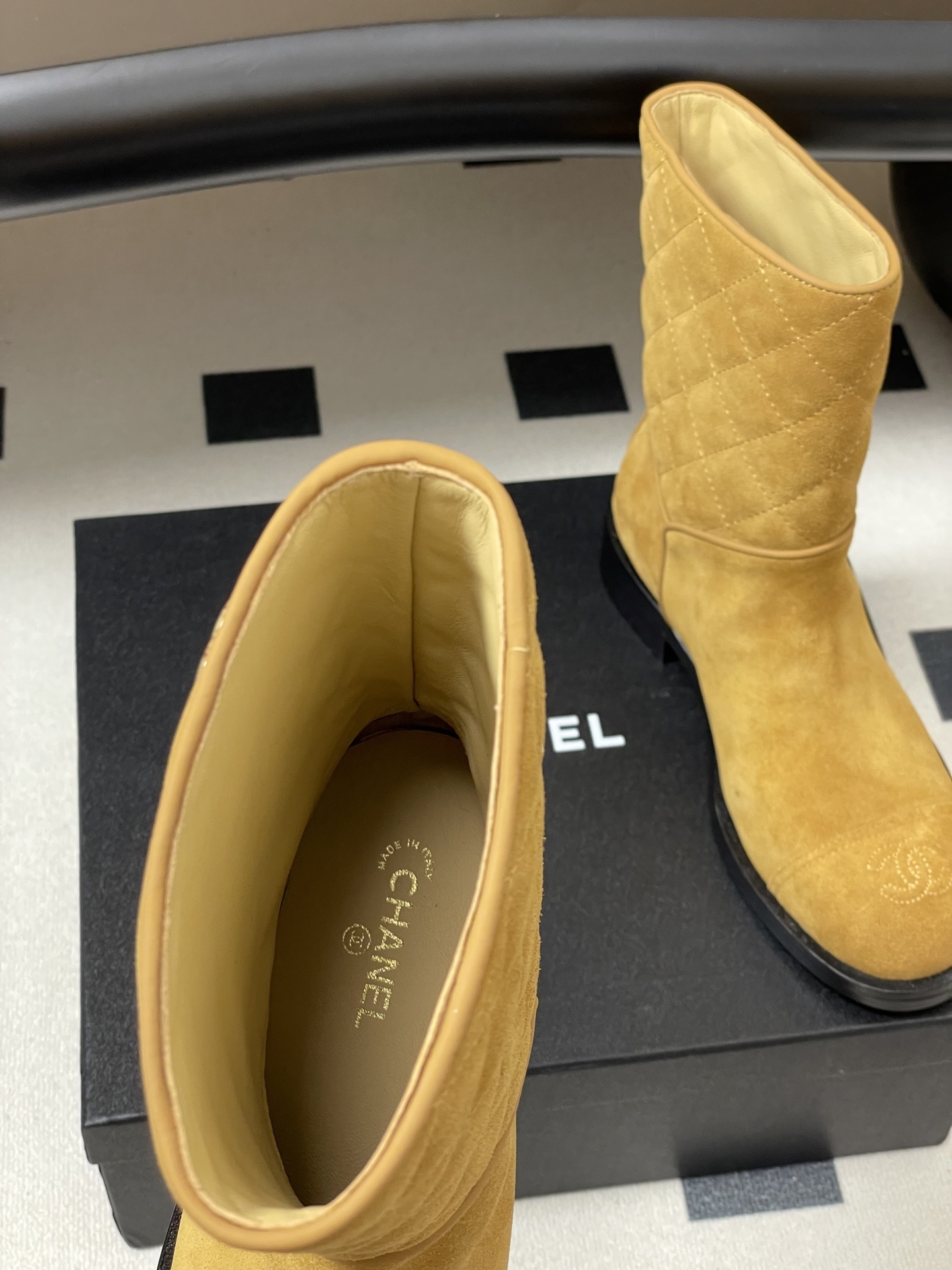 Luxury Tan Quilted Suede Mid-Calf Boots with CC Logo Detail