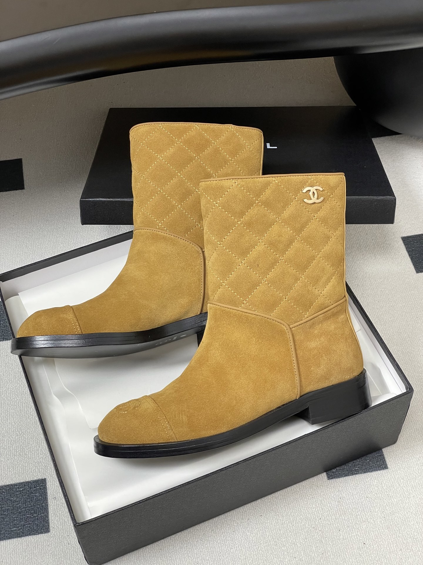 Luxury Tan Quilted Suede Mid-Calf Boots with CC Logo Detail