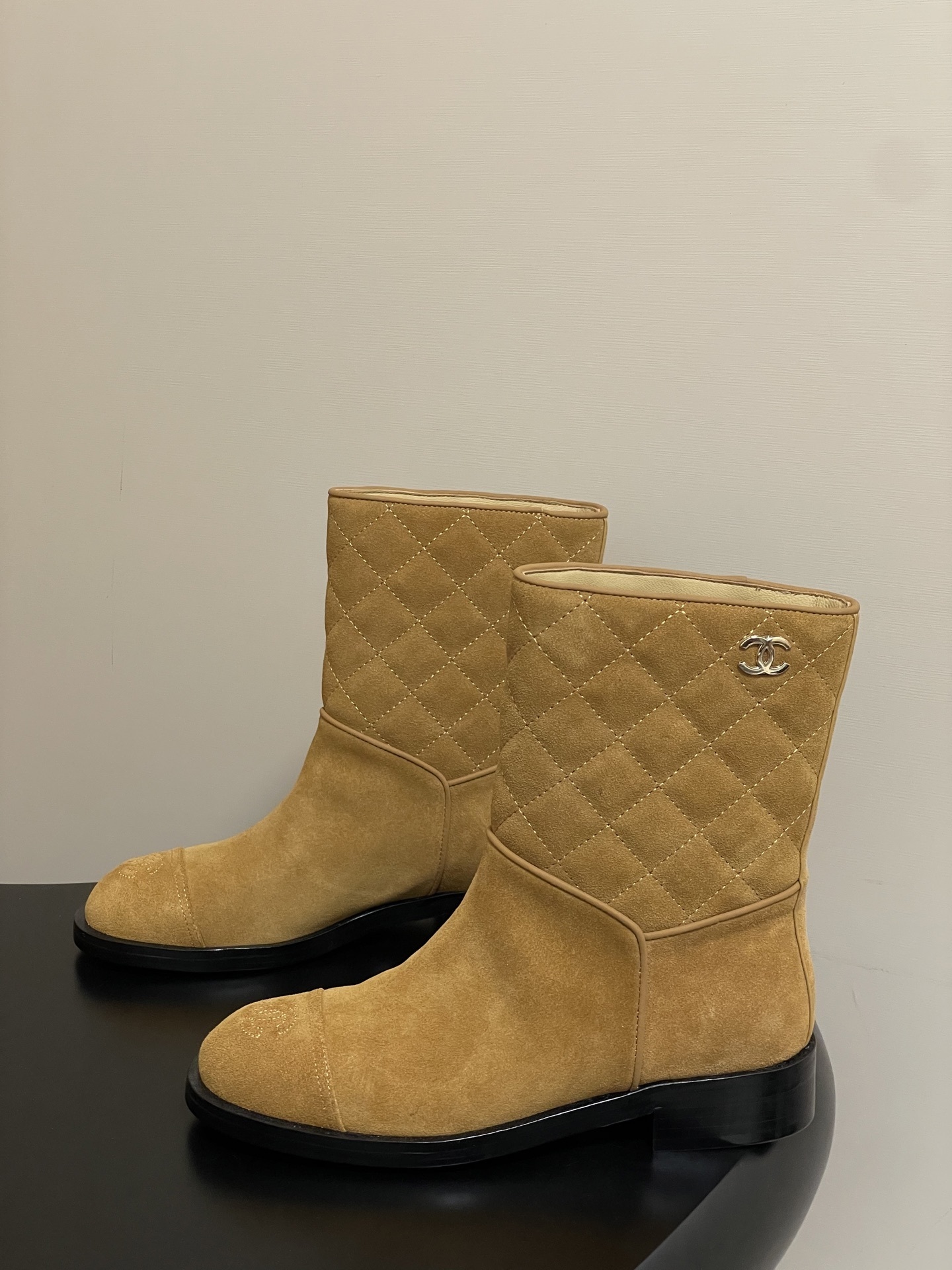 Luxury Tan Quilted Suede Mid-Calf Boots with CC Logo Detail