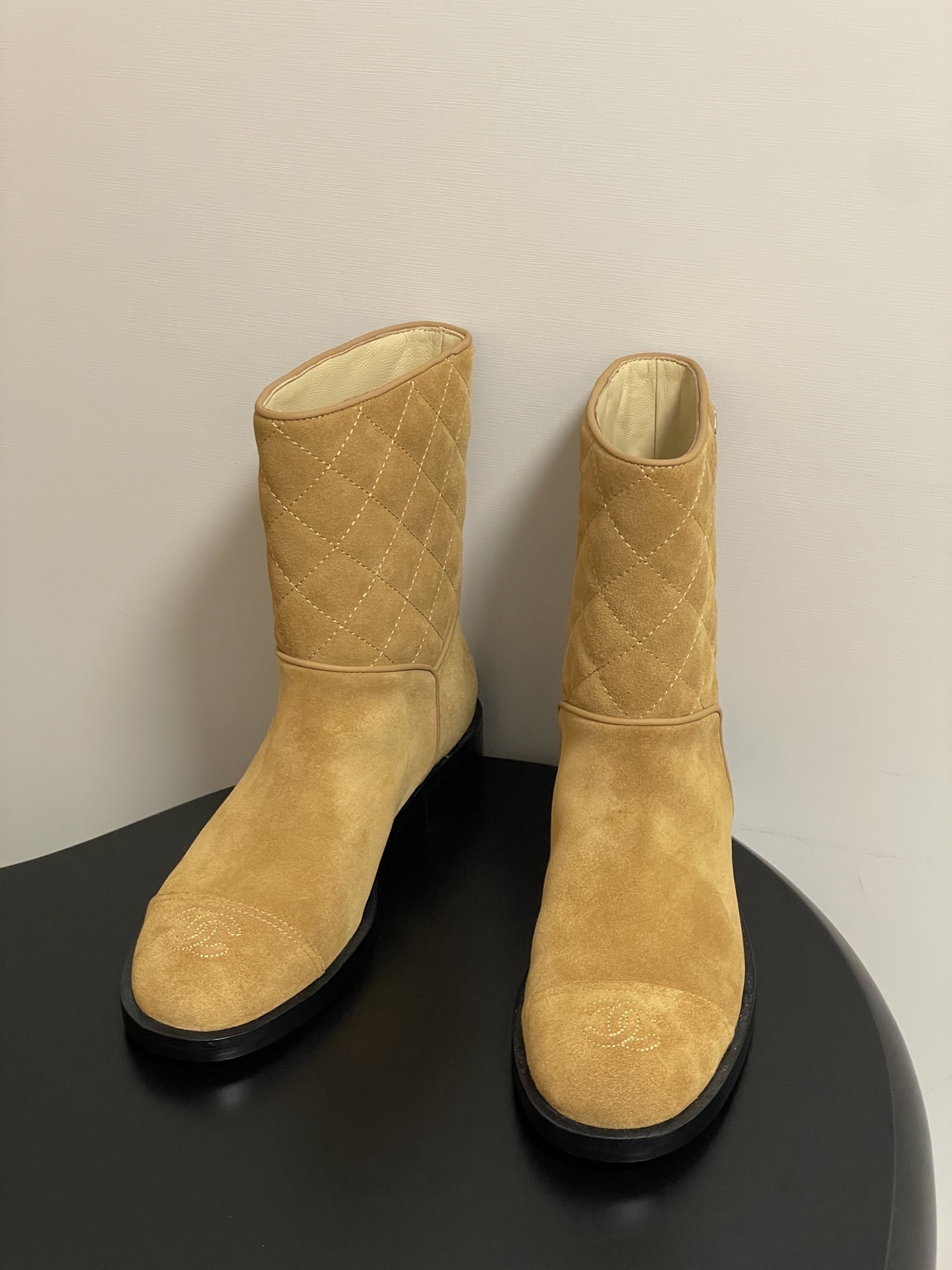 Luxury Tan Quilted Suede Mid-Calf Boots with CC Logo Detail
