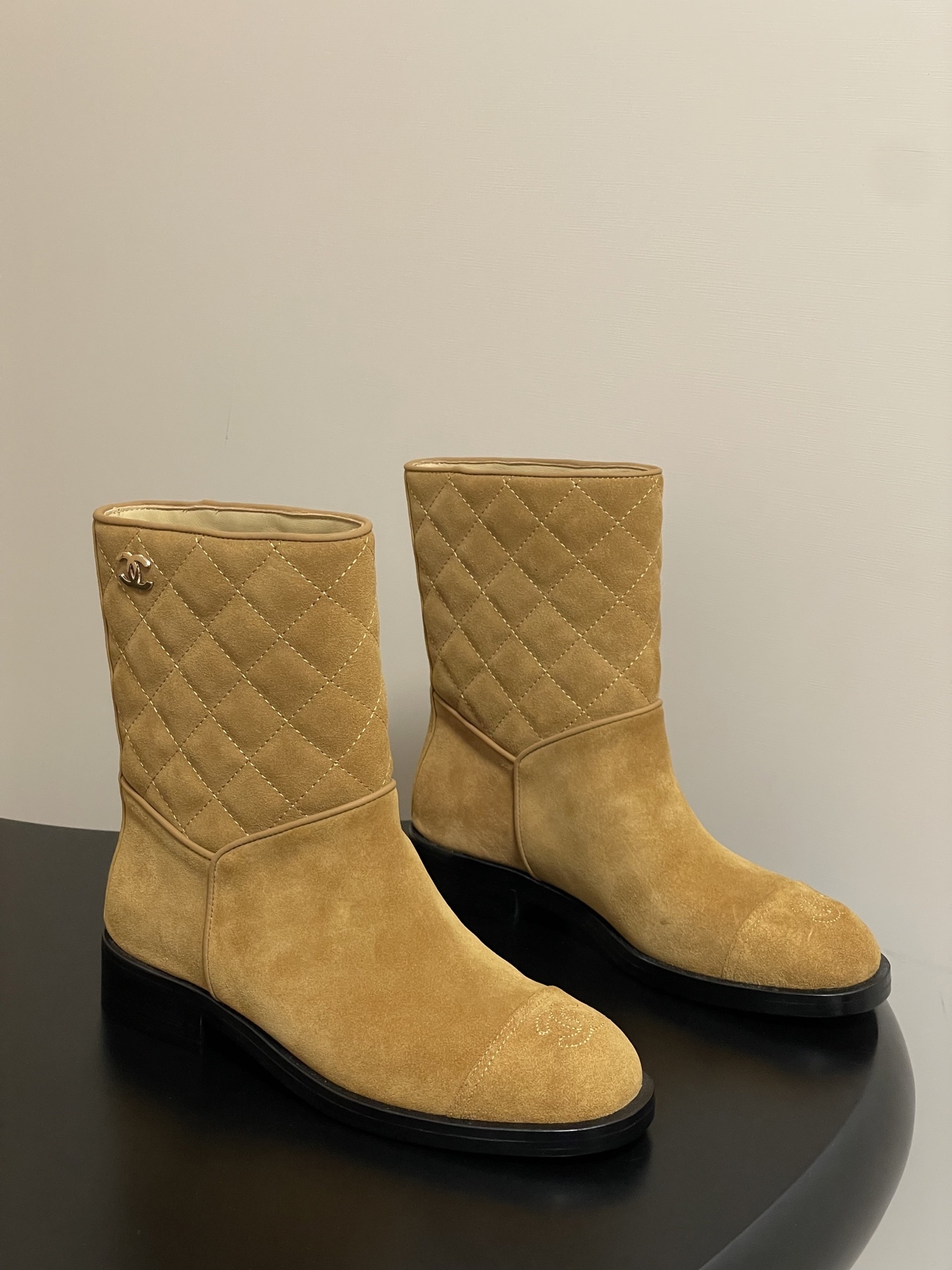 Luxury Tan Quilted Suede Mid-Calf Boots with CC Logo Detail
