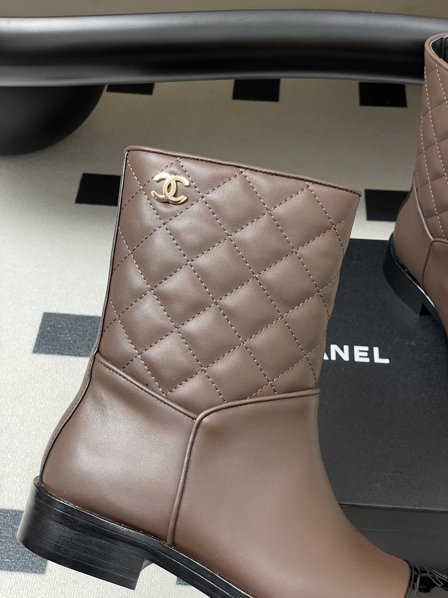 Luxury Quilted Brown Mid-Calf Boots with Patent Leather Toe