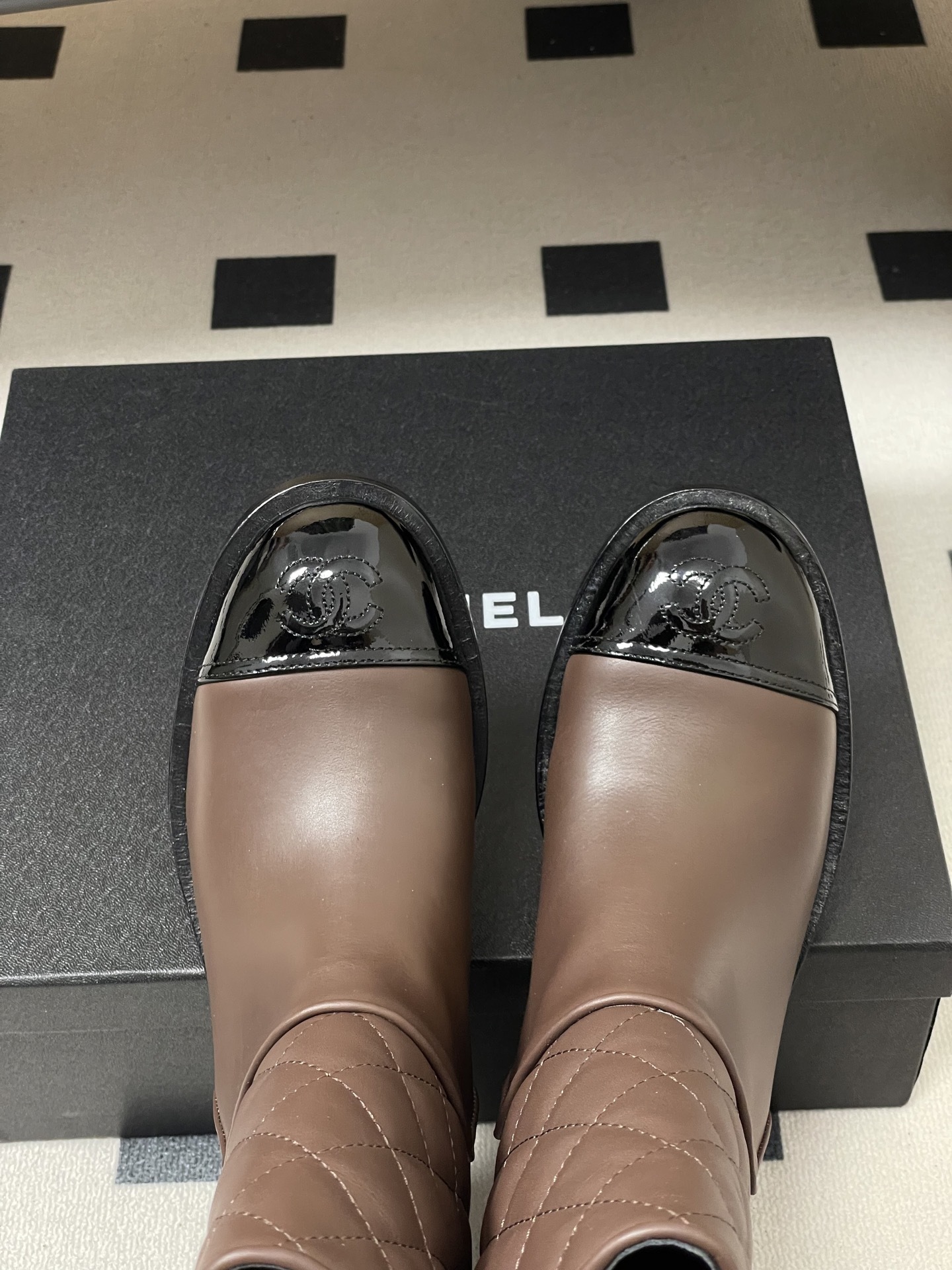 Luxury Quilted Brown Mid-Calf Boots with Patent Leather Toe