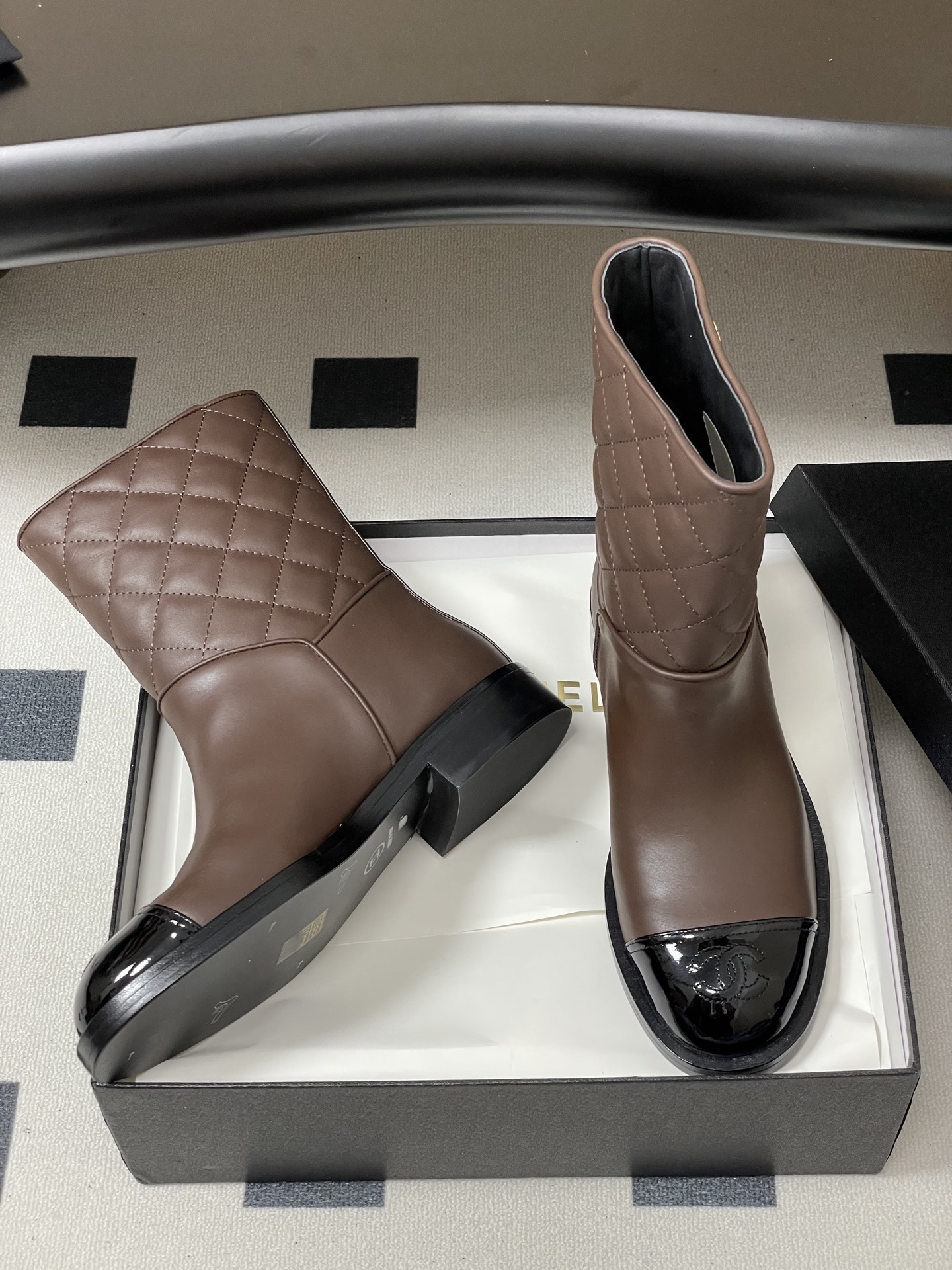 Luxury Quilted Brown Mid-Calf Boots with Patent Leather Toe