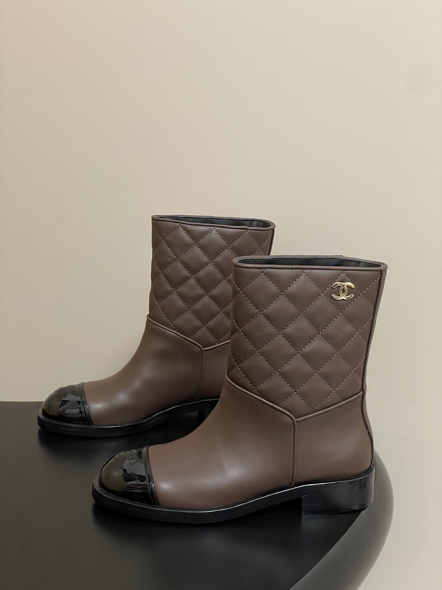 Luxury Quilted Brown Mid-Calf Boots with Patent Leather Toe