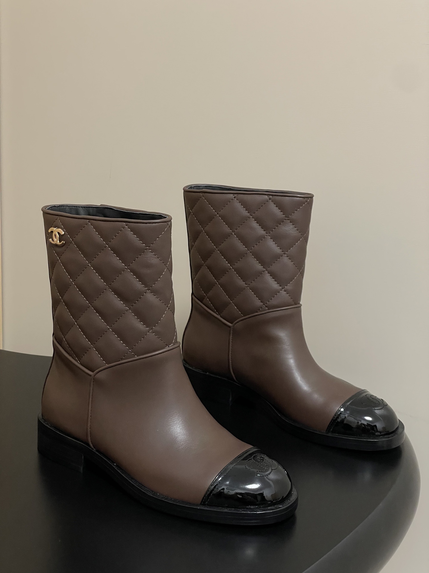 Luxury Quilted Brown Mid-Calf Boots with Patent Leather Toe