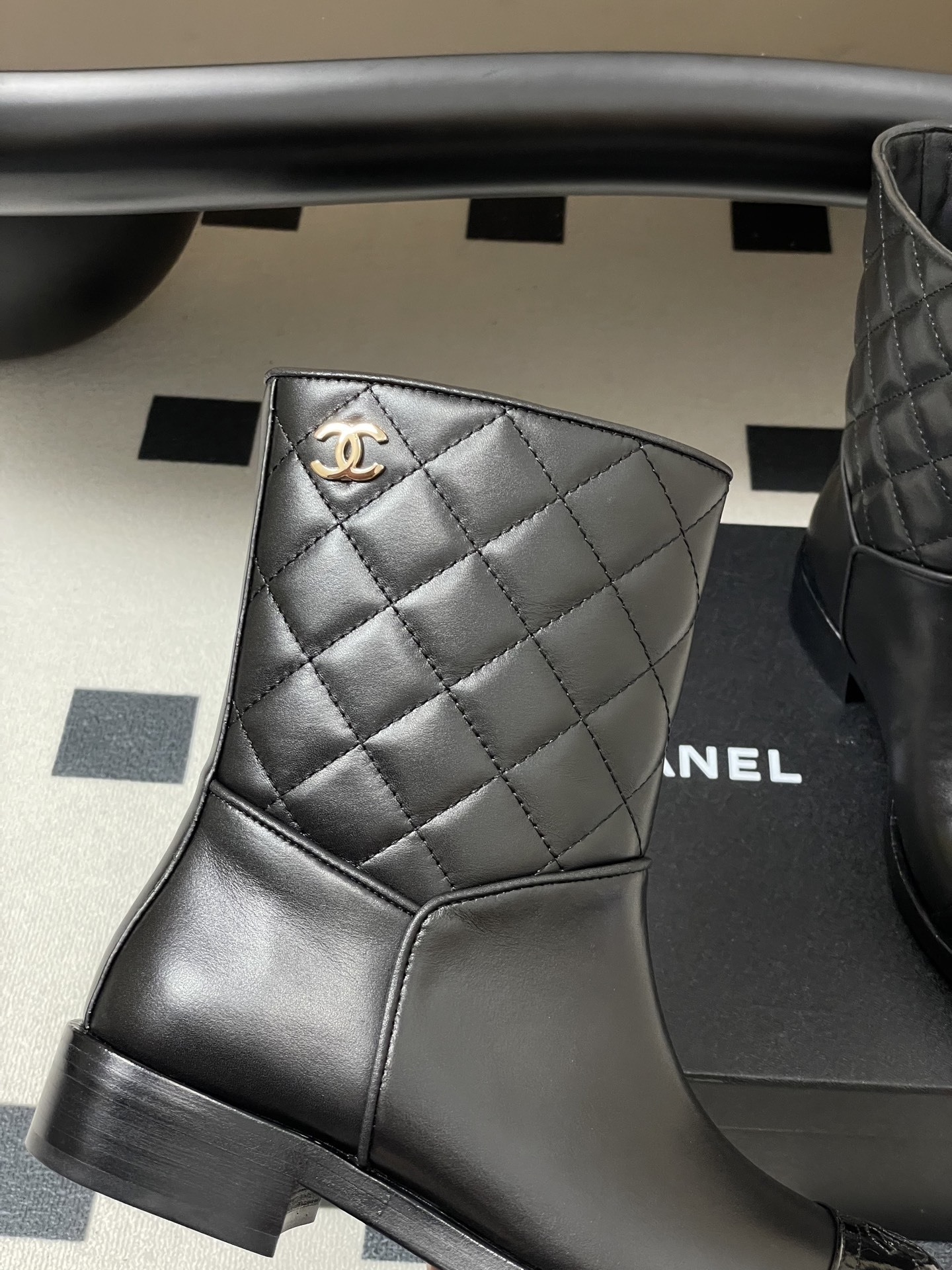 Women's Luxury Black Quilted Leather Ankle Boots with Patent Toe