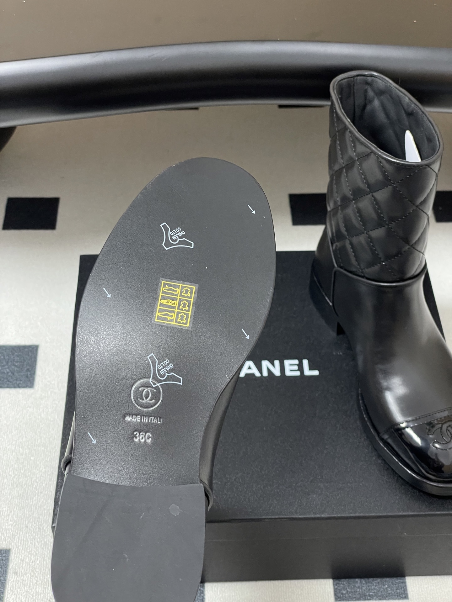 Women's Luxury Black Quilted Leather Ankle Boots with Patent Toe