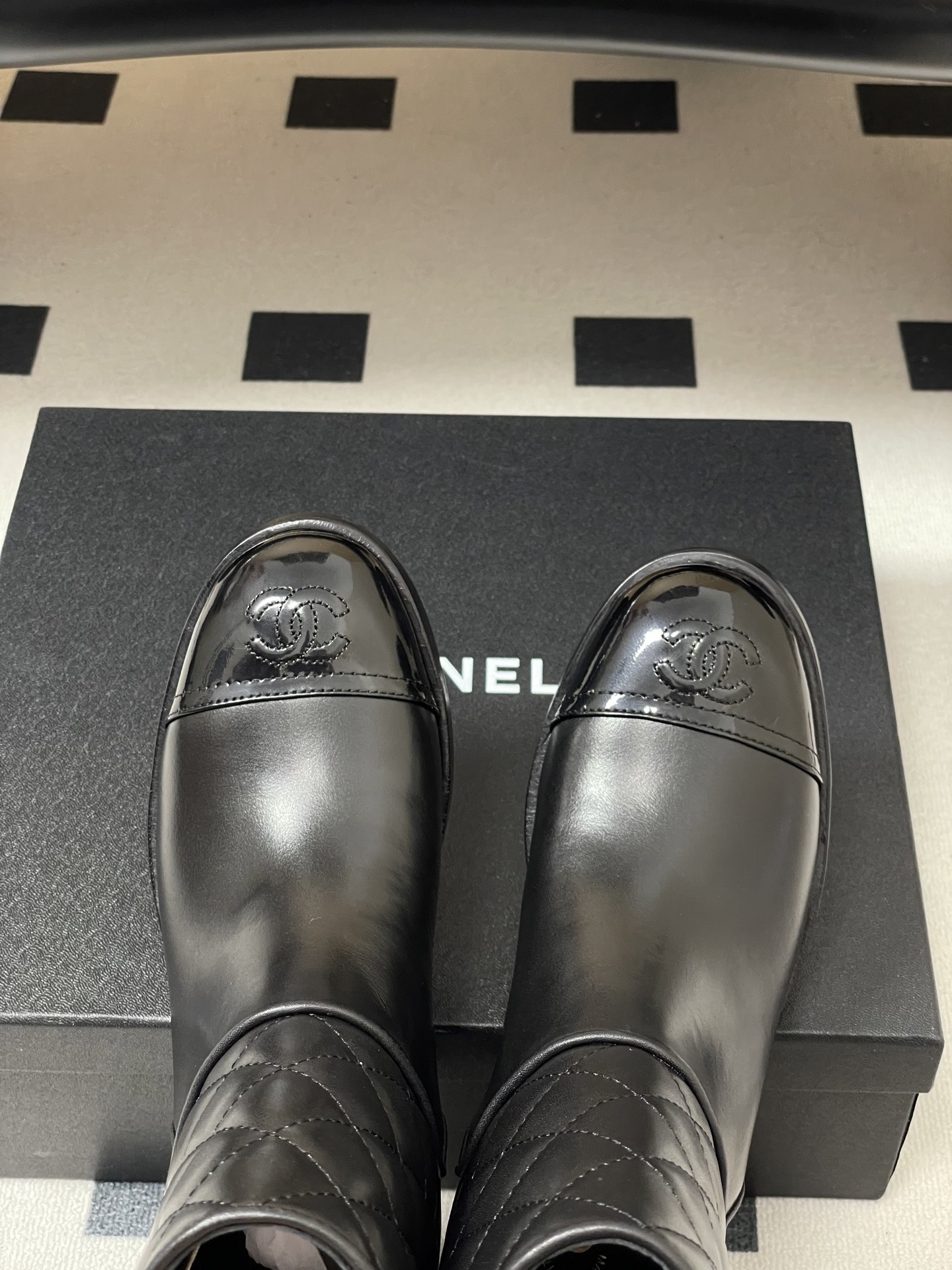 Women's Luxury Black Quilted Leather Ankle Boots with Patent Toe