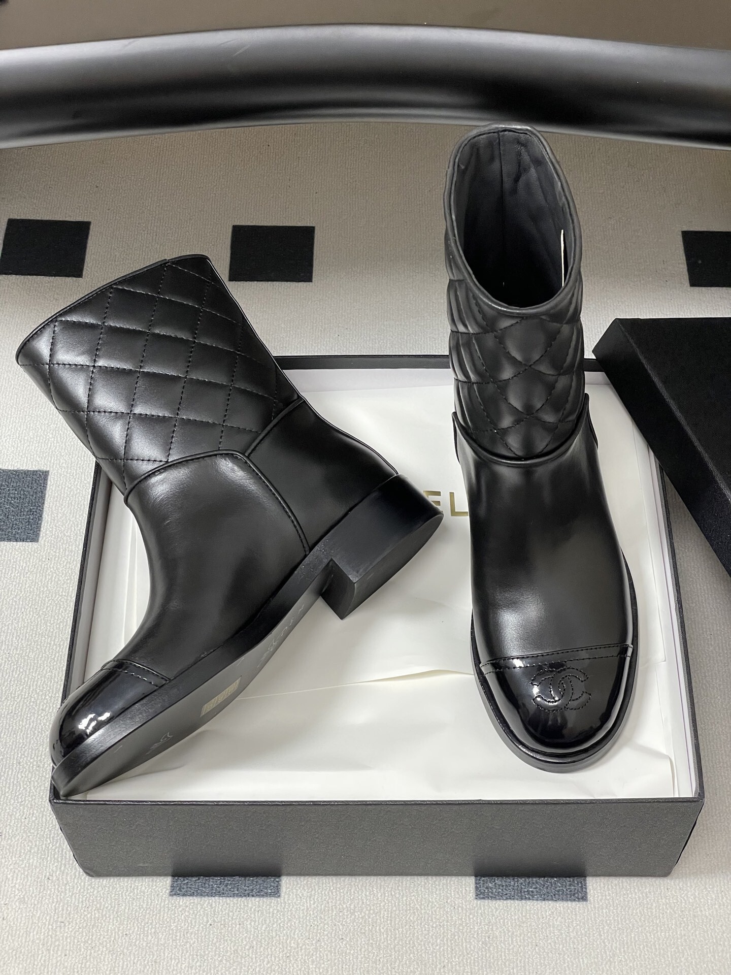 Women's Luxury Black Quilted Leather Ankle Boots with Patent Toe