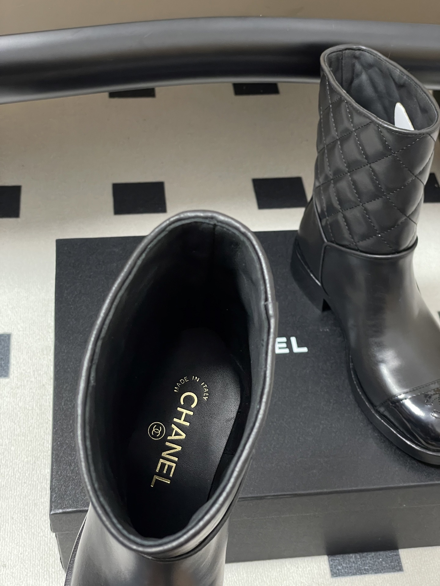 Women's Luxury Black Quilted Leather Ankle Boots with Patent Toe