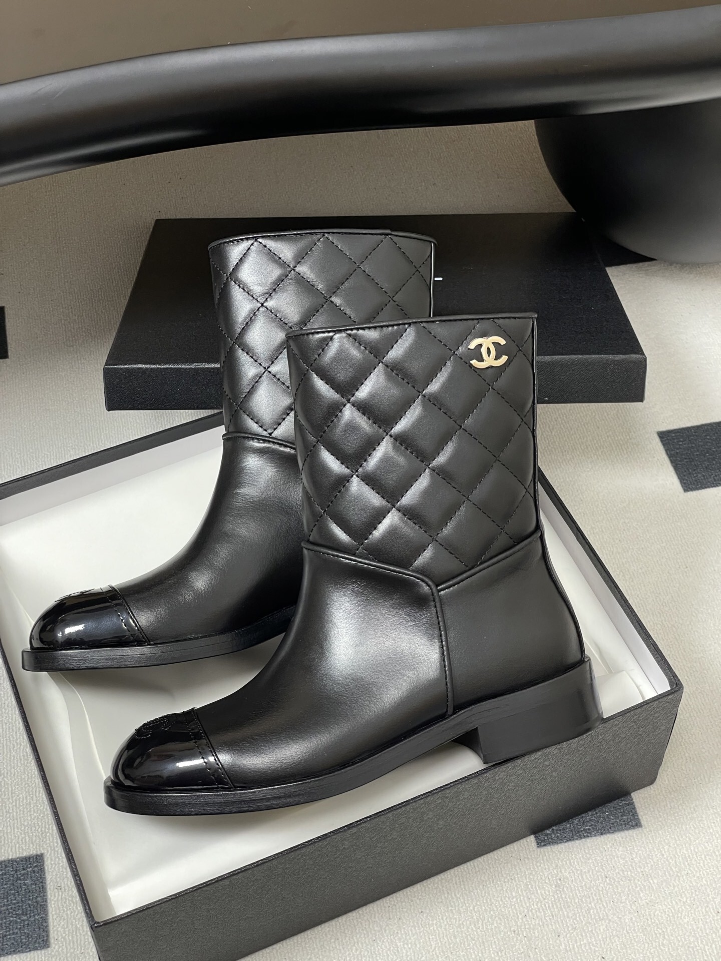 Women's Luxury Black Quilted Leather Ankle Boots with Patent Toe
