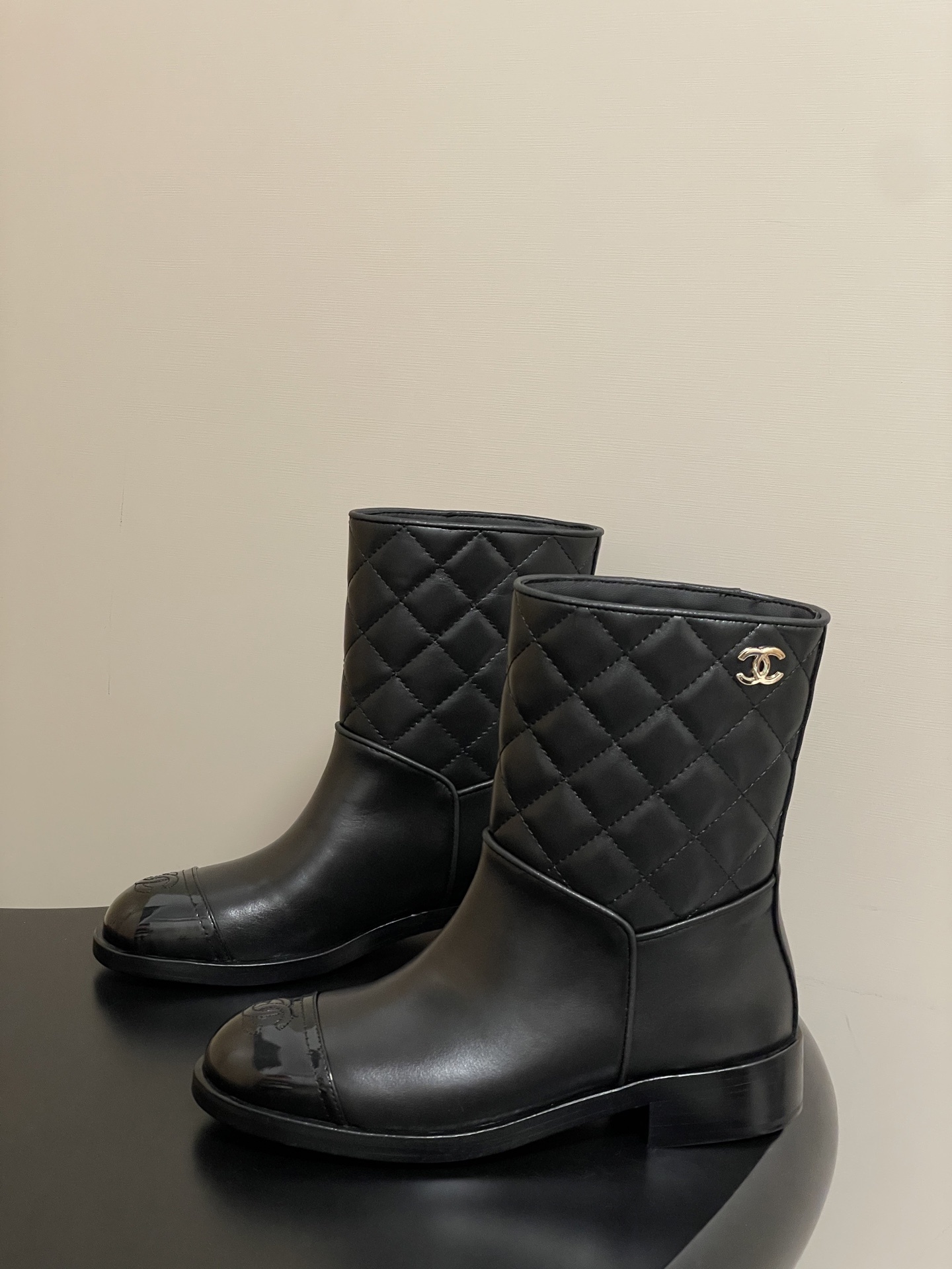 Women's Luxury Black Quilted Leather Ankle Boots with Patent Toe