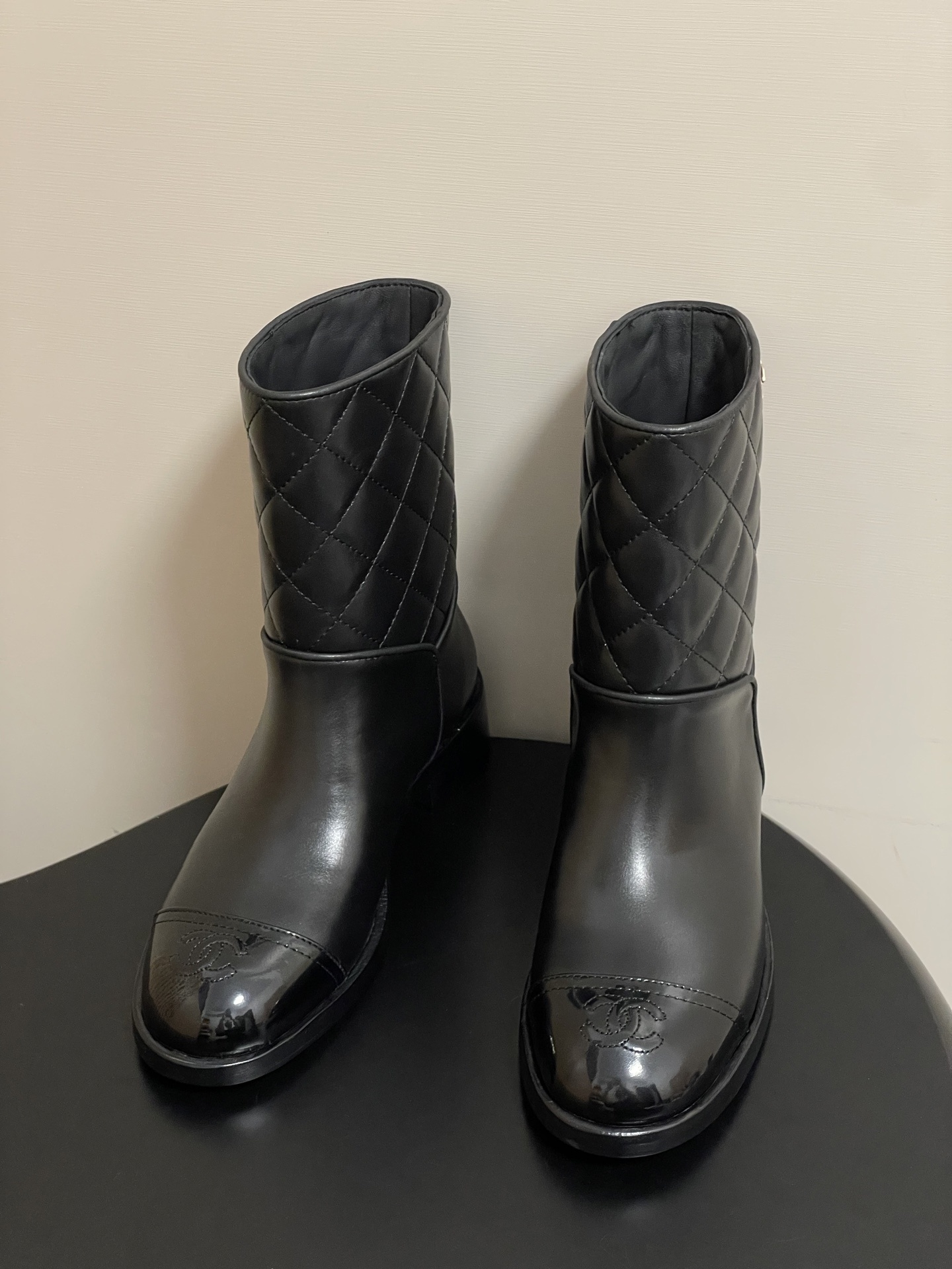 Women's Luxury Black Quilted Leather Ankle Boots with Patent Toe