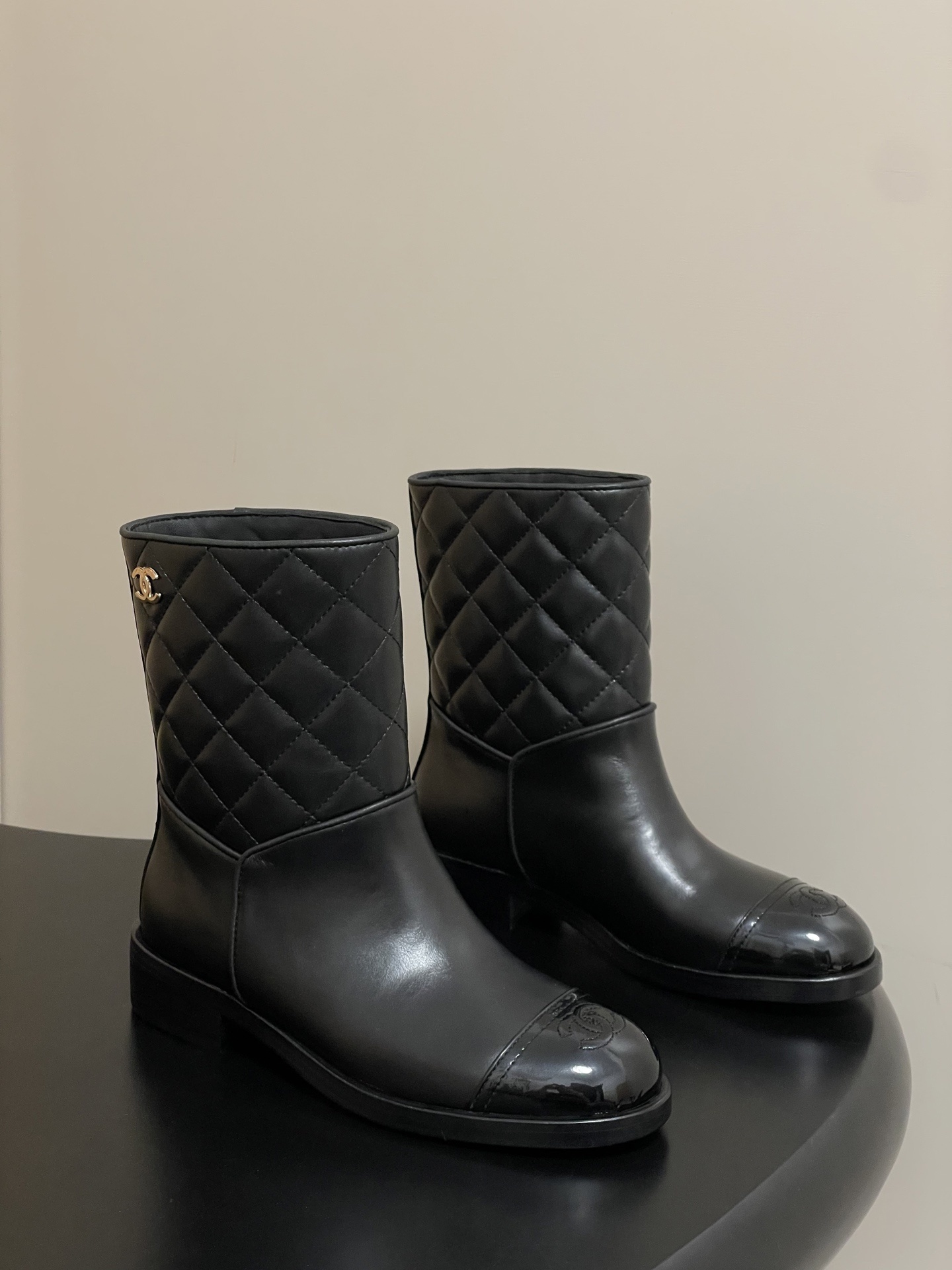 Women’s Luxury Black Quilted Leather Ankle Boots with Patent Toe